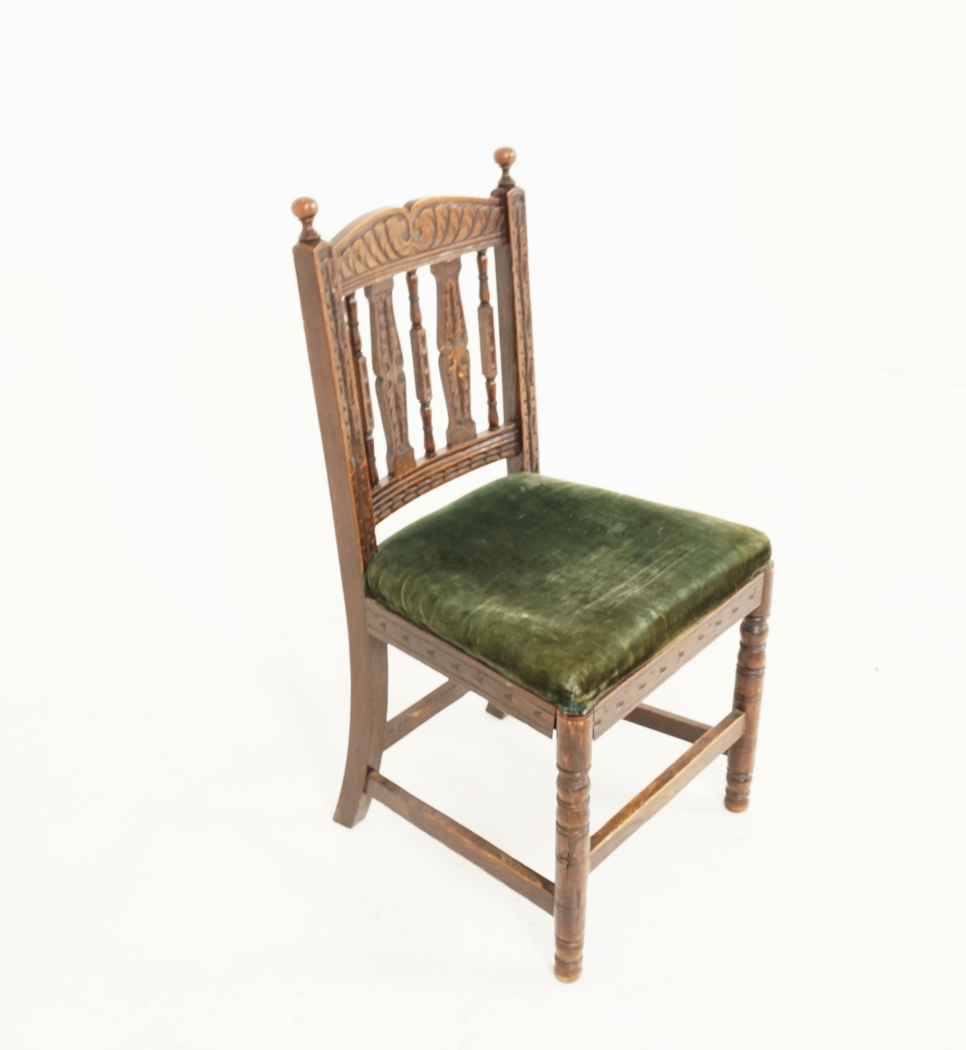Scottish Antique Victorian Carved Oak Hall Chair Desk Chair, Scotland 1890, B2486