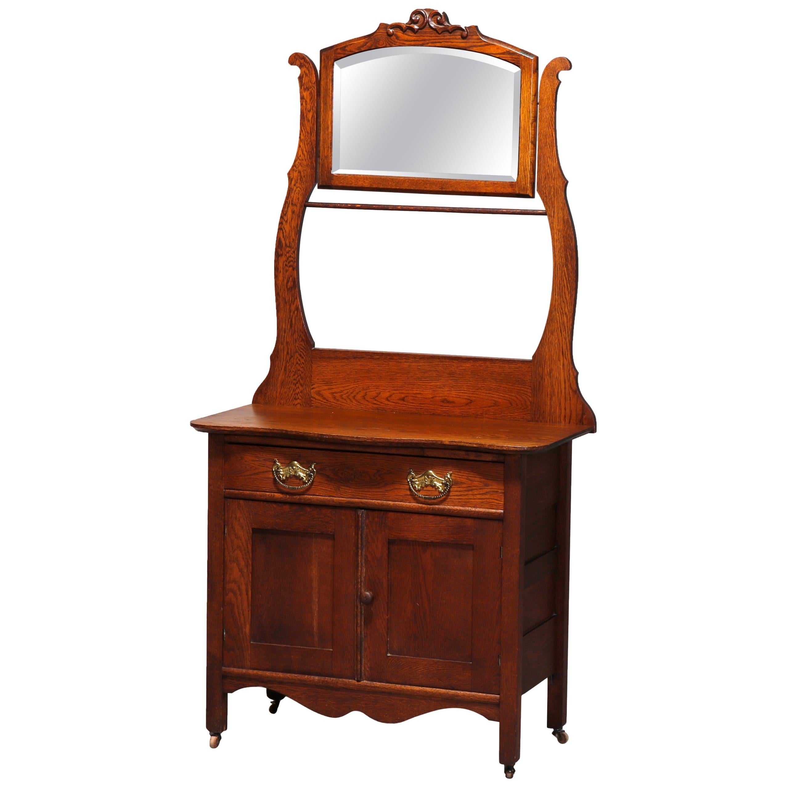 Antique Victorian Carved Oak Hotel Commode with Bar & Mirror, Muncy Mfg