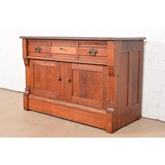 Antique Victorian Carved Oak Marble Top Sideboard Buffet, Circa 1890s
