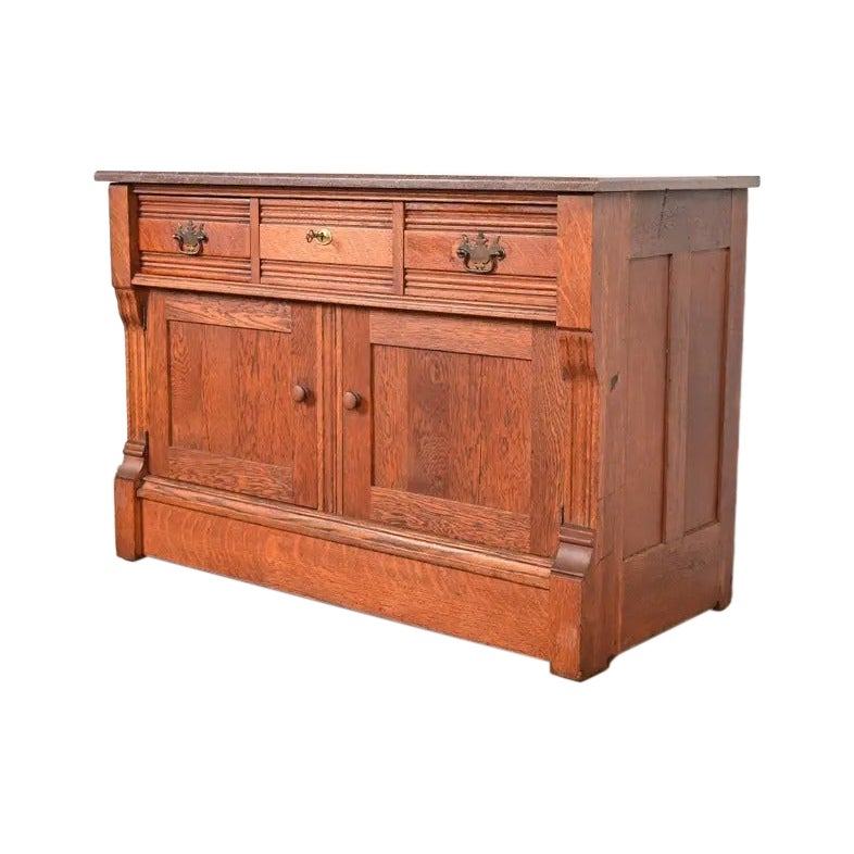 Antique Victorian Carved Oak Marble Top Sideboard Buffet, Circa 1890s