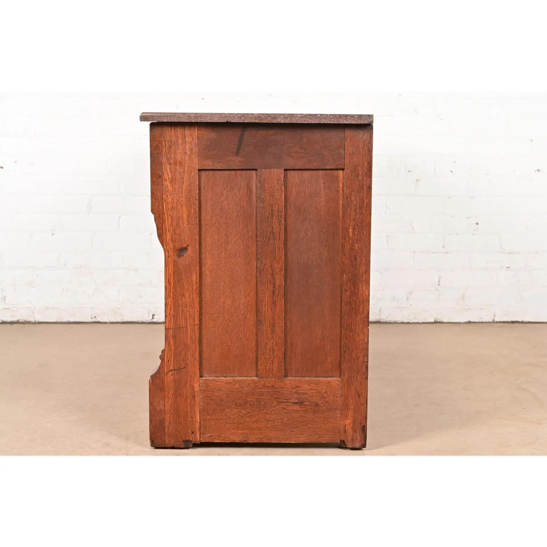 Antique Victorian Carved Oak Marble Top Sideboard Buffet or Bar Cabinet For Sale 4