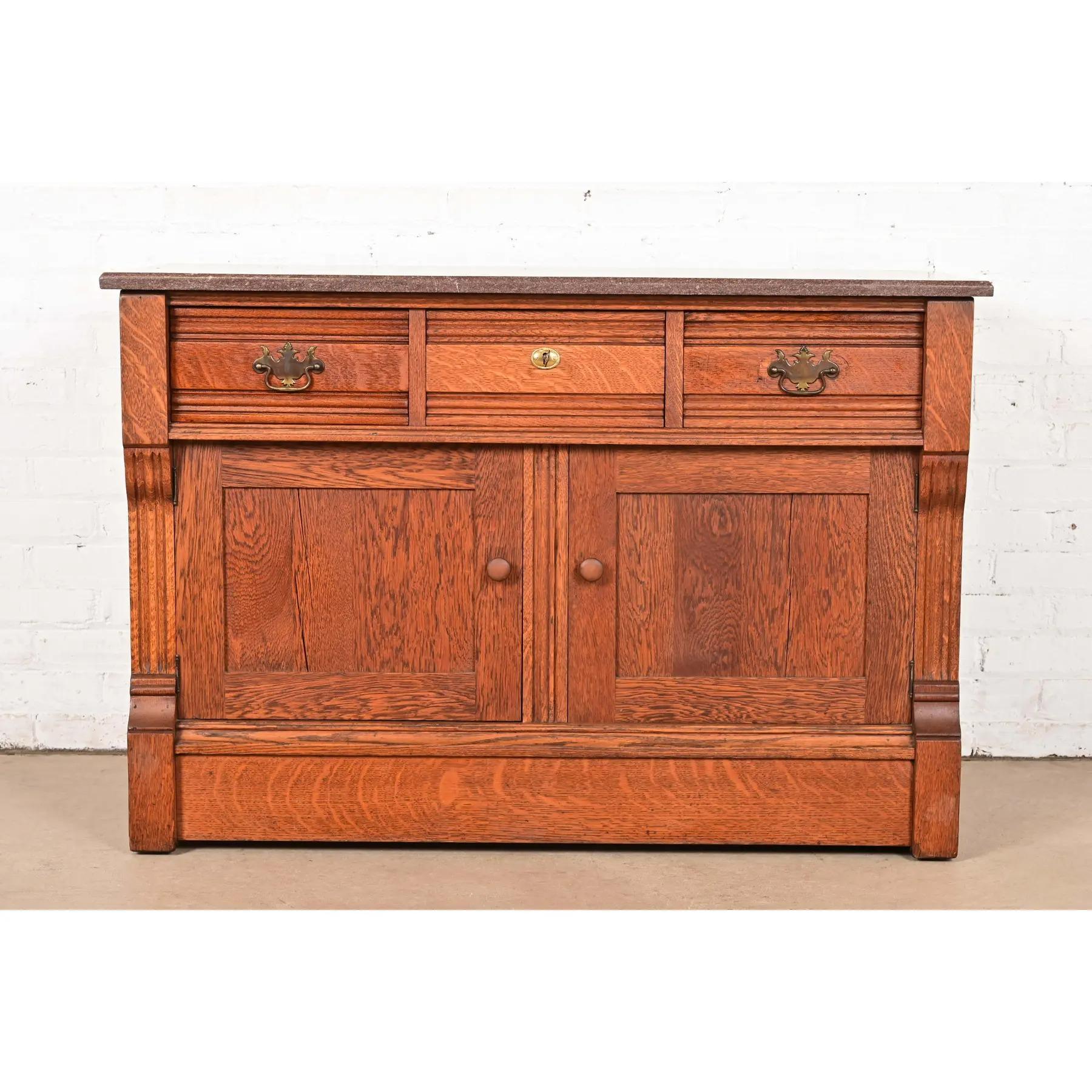 American Antique Victorian Carved Oak Marble Top Sideboard Buffet or Bar Cabinet For Sale