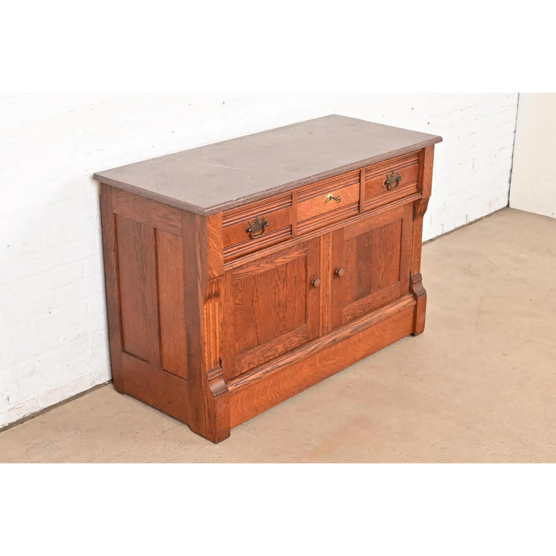 19th Century Antique Victorian Carved Oak Marble Top Sideboard Buffet or Bar Cabinet For Sale