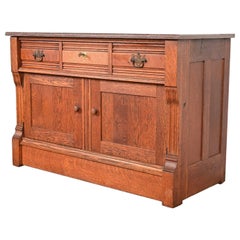 Antique Victorian Carved Oak Marble Top Sideboard Buffet or Bar Cabinet