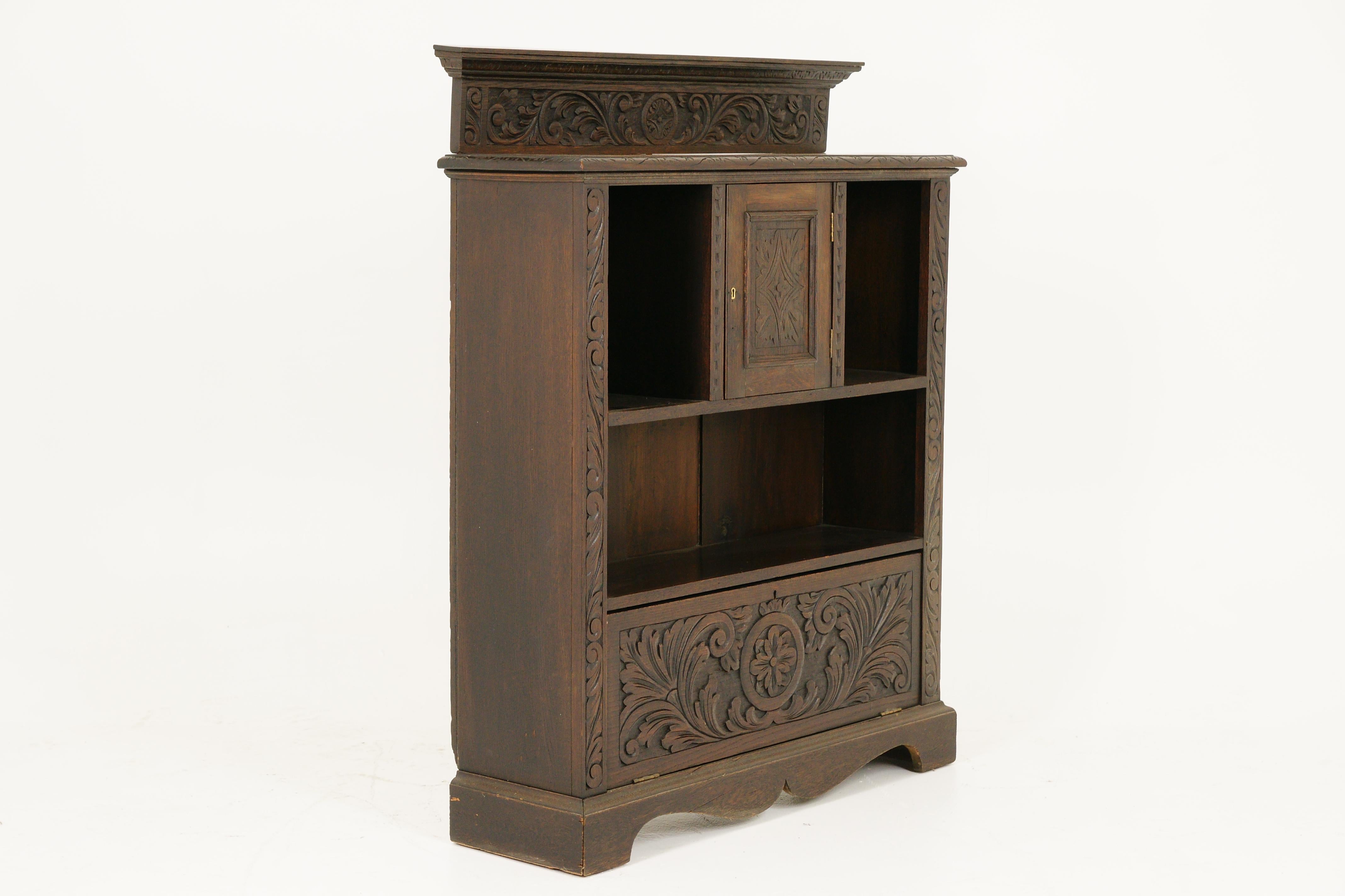 Antique Victorian Carved Oak Open Bookcase Display Cabinet, Scotland 1870, B1740 2