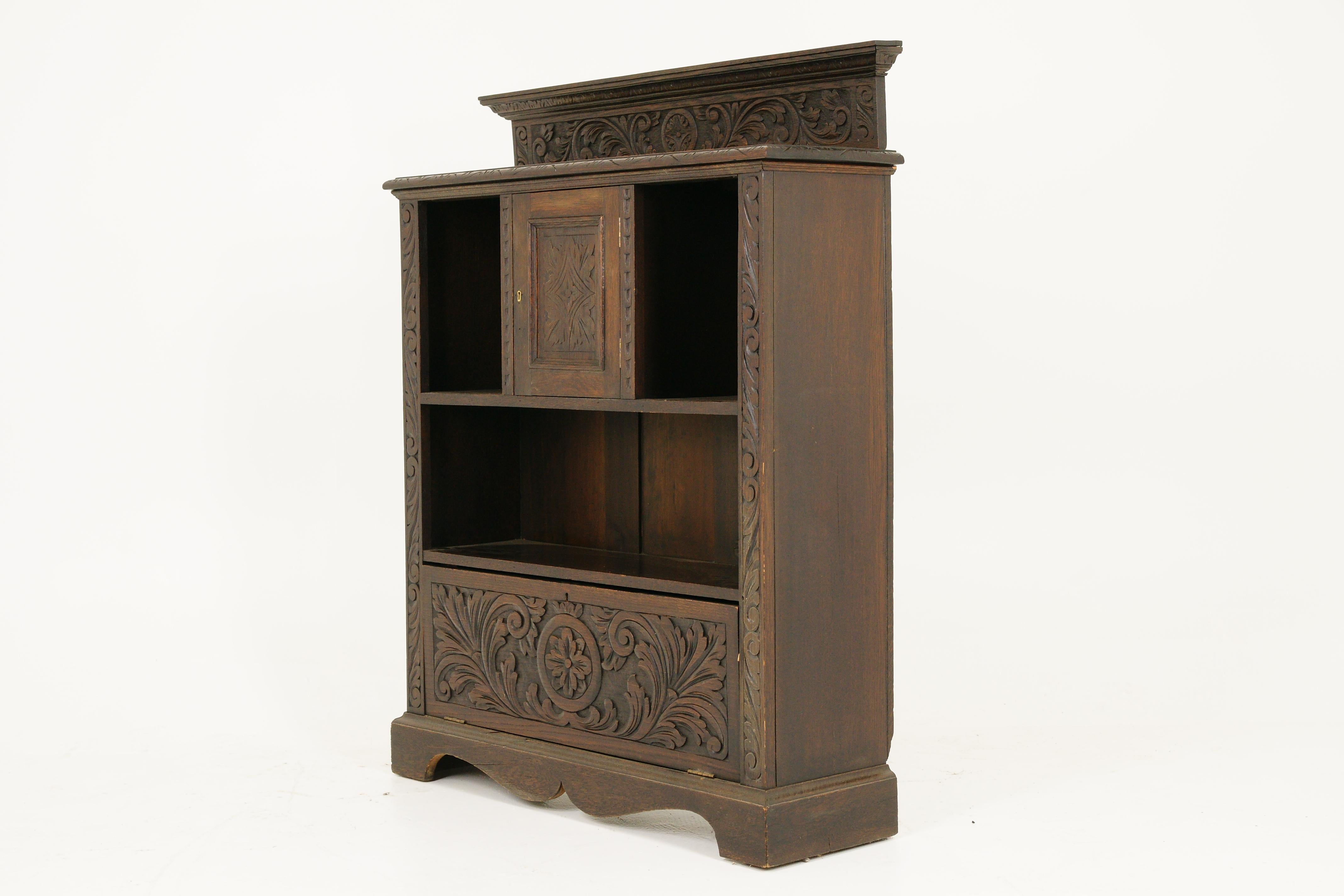 Antique Victorian Carved Oak Open Bookcase Display Cabinet, Scotland 1870, B1740 3