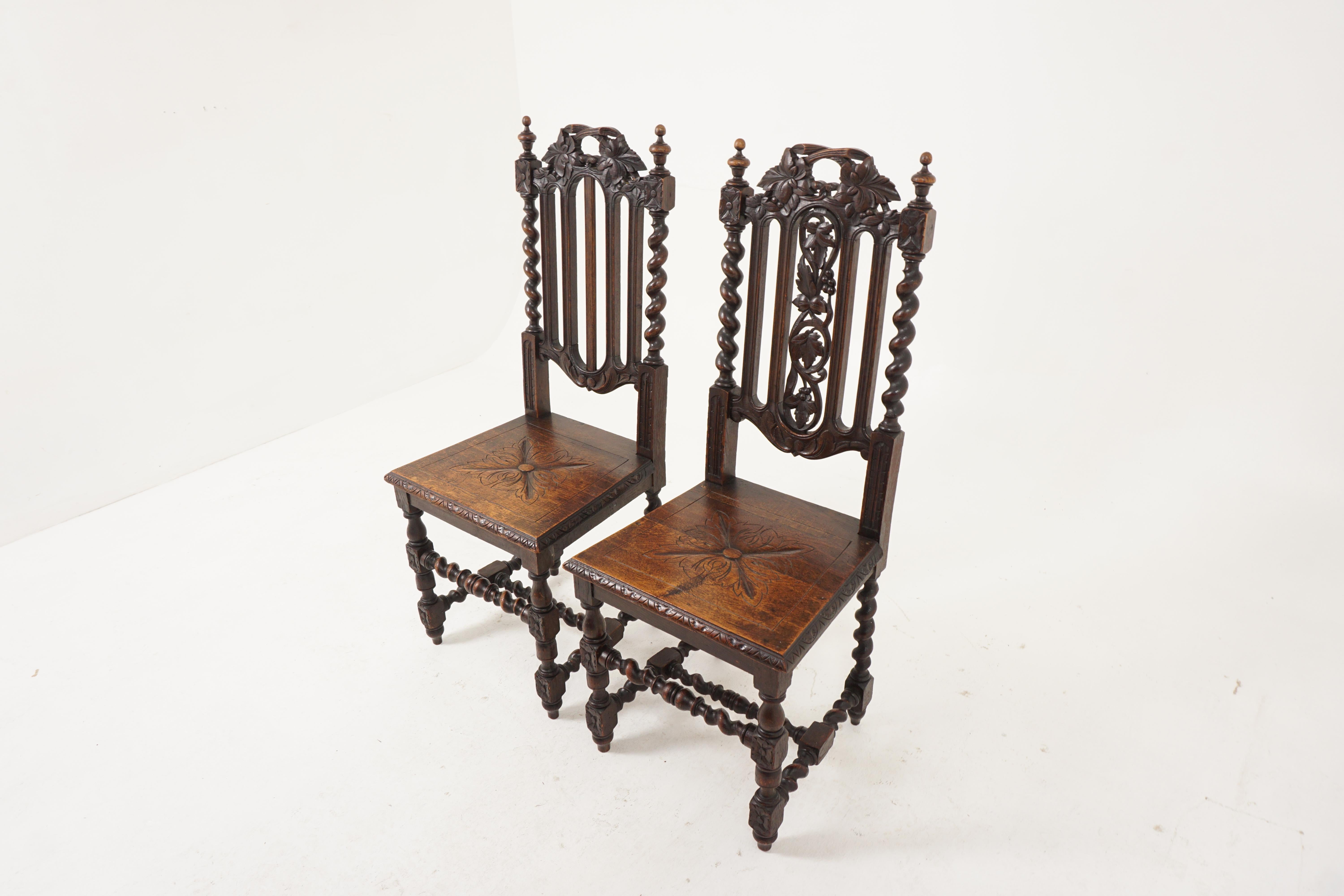 Antique Victorian carved oak barley twist hall chair, Jacobsen, Scotland 1880, B2614

Scotland 1880
Solid oak
Original finish
Featuring carved top rail with grapes and vine leaves.
Pair of Barley twist supports with finials on top.
Further
