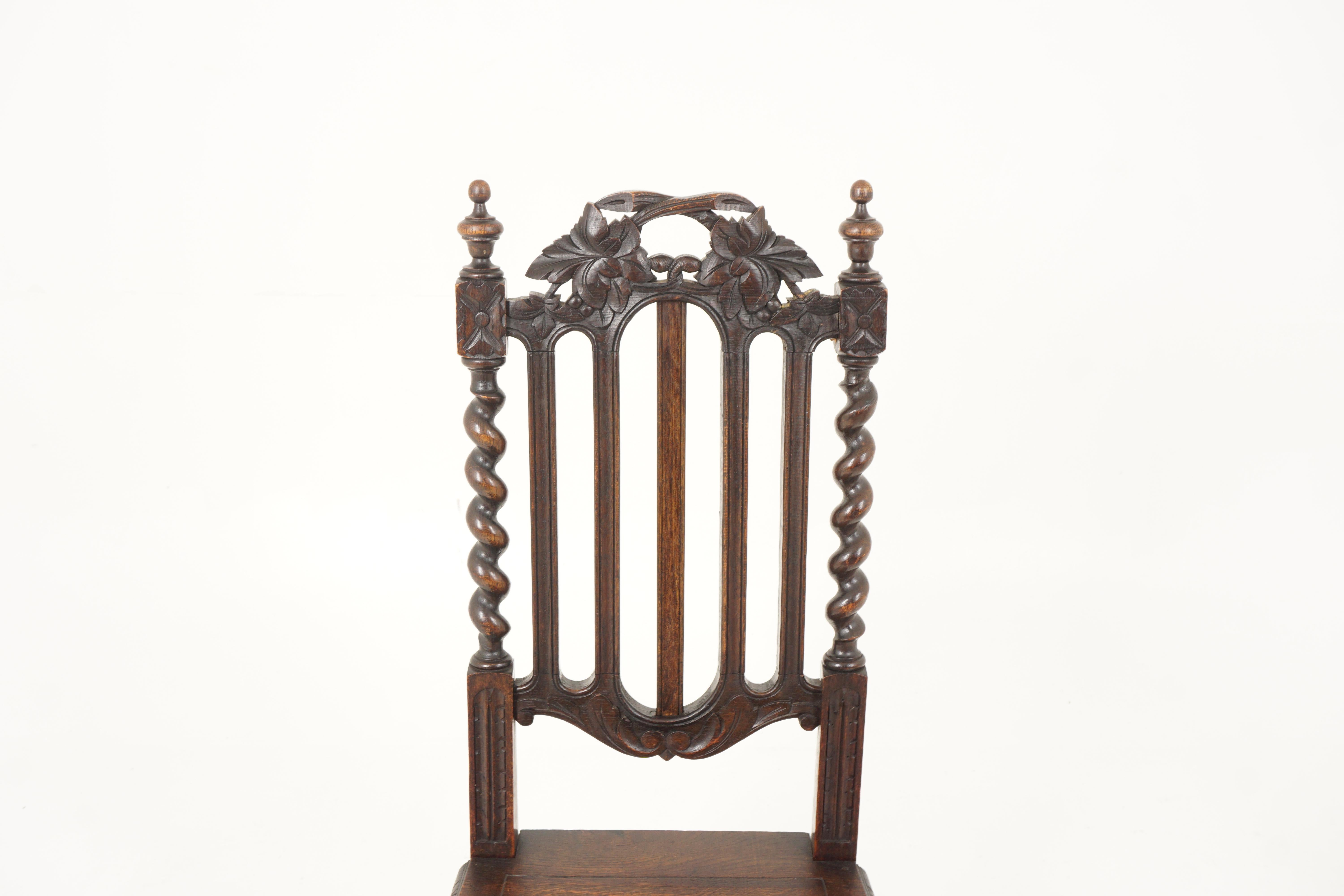 Late 19th Century Antique Victorian Carved Oak Twist Hall Chair, Jacobsen, Scotland 1880, B2614