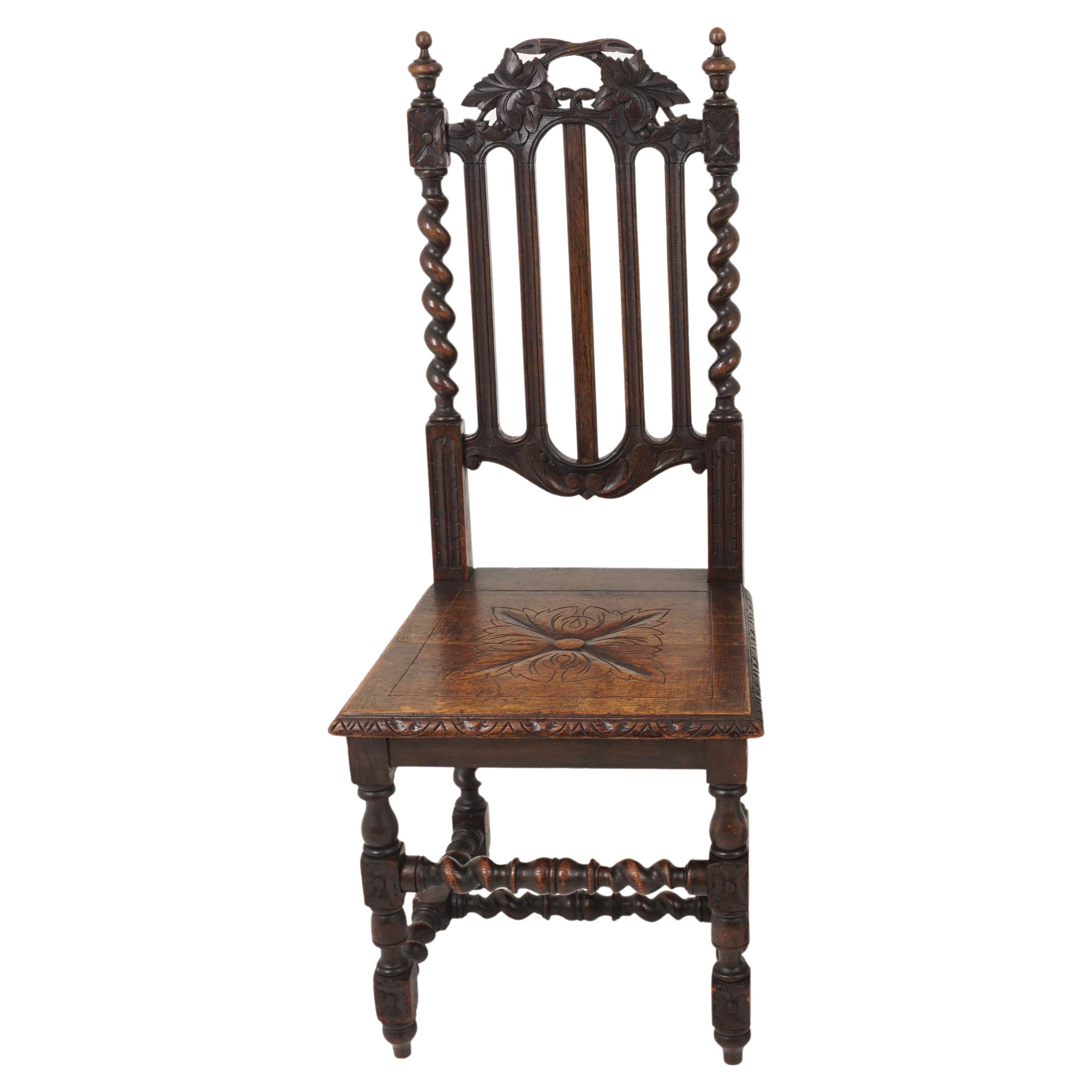 Antique Victorian Carved Oak Twist Hall Chair, Jacobsen, Scotland 1880, B2614