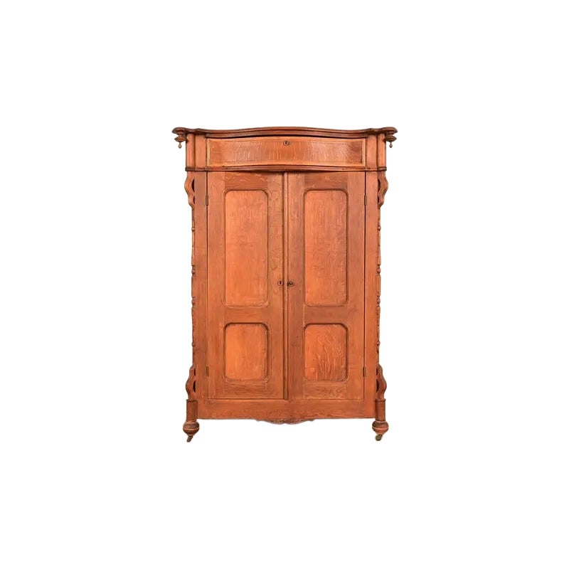 Antique Victorian Carved Oak Wardrobe or Armoire Dresser, Circa 1890s For Sale