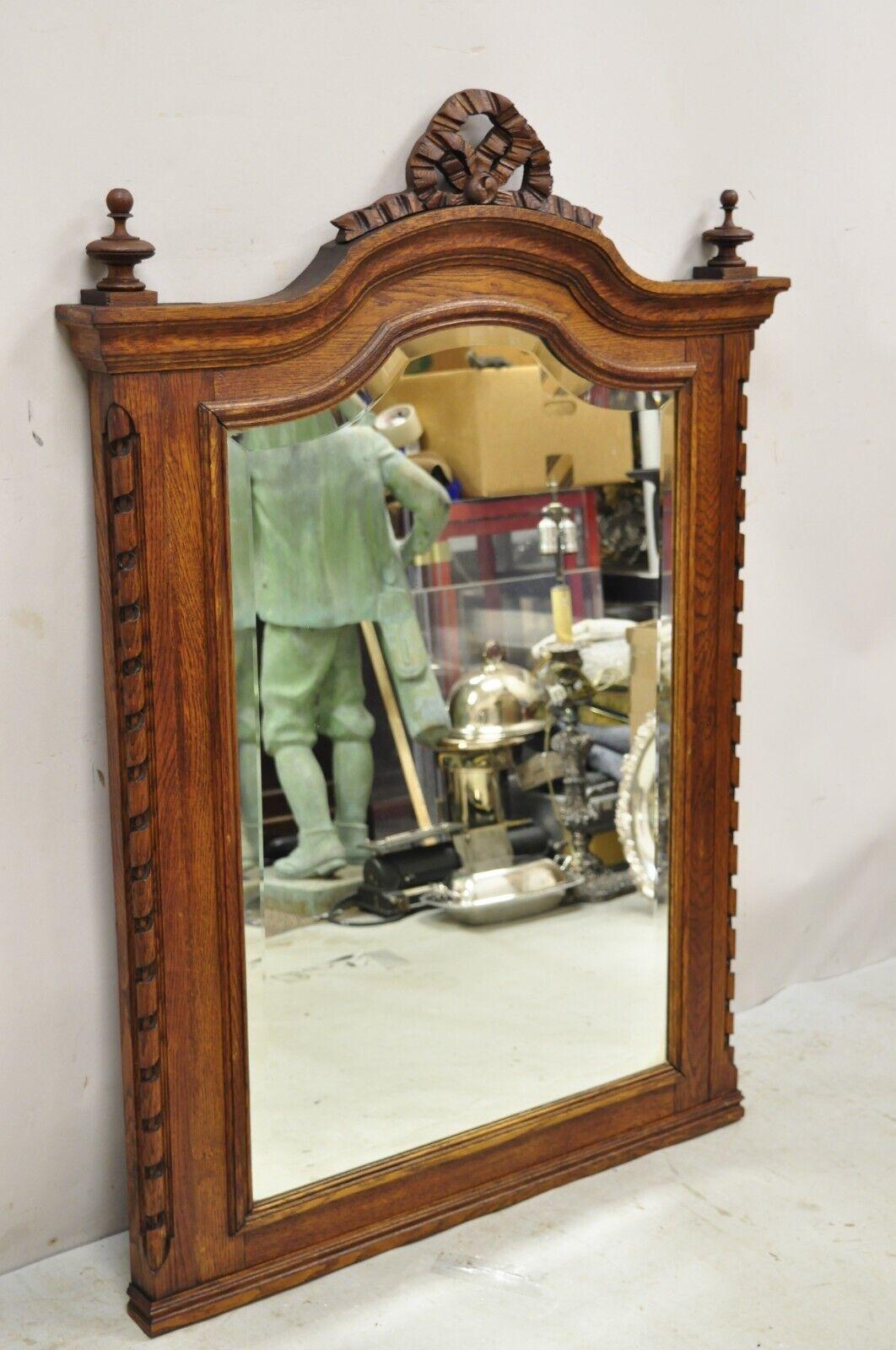 Antike viktorianische geschnitzt Oak Wood Ribbon Crest Beveled Glass Wall Mirror im Angebot 4