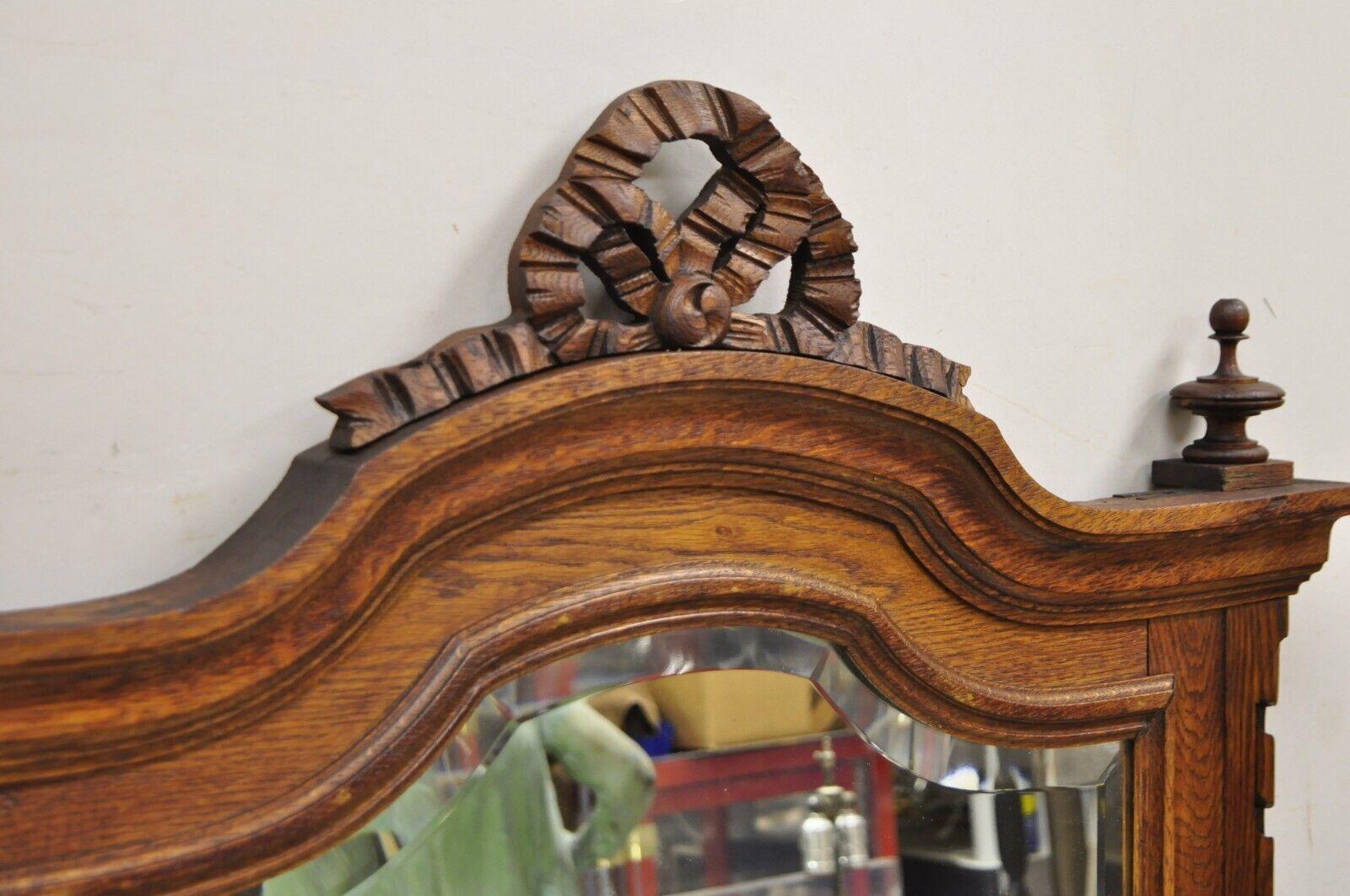 Antike viktorianische geschnitzt Oak Wood Ribbon Crest Beveled Glass Wall Mirror im Angebot 2