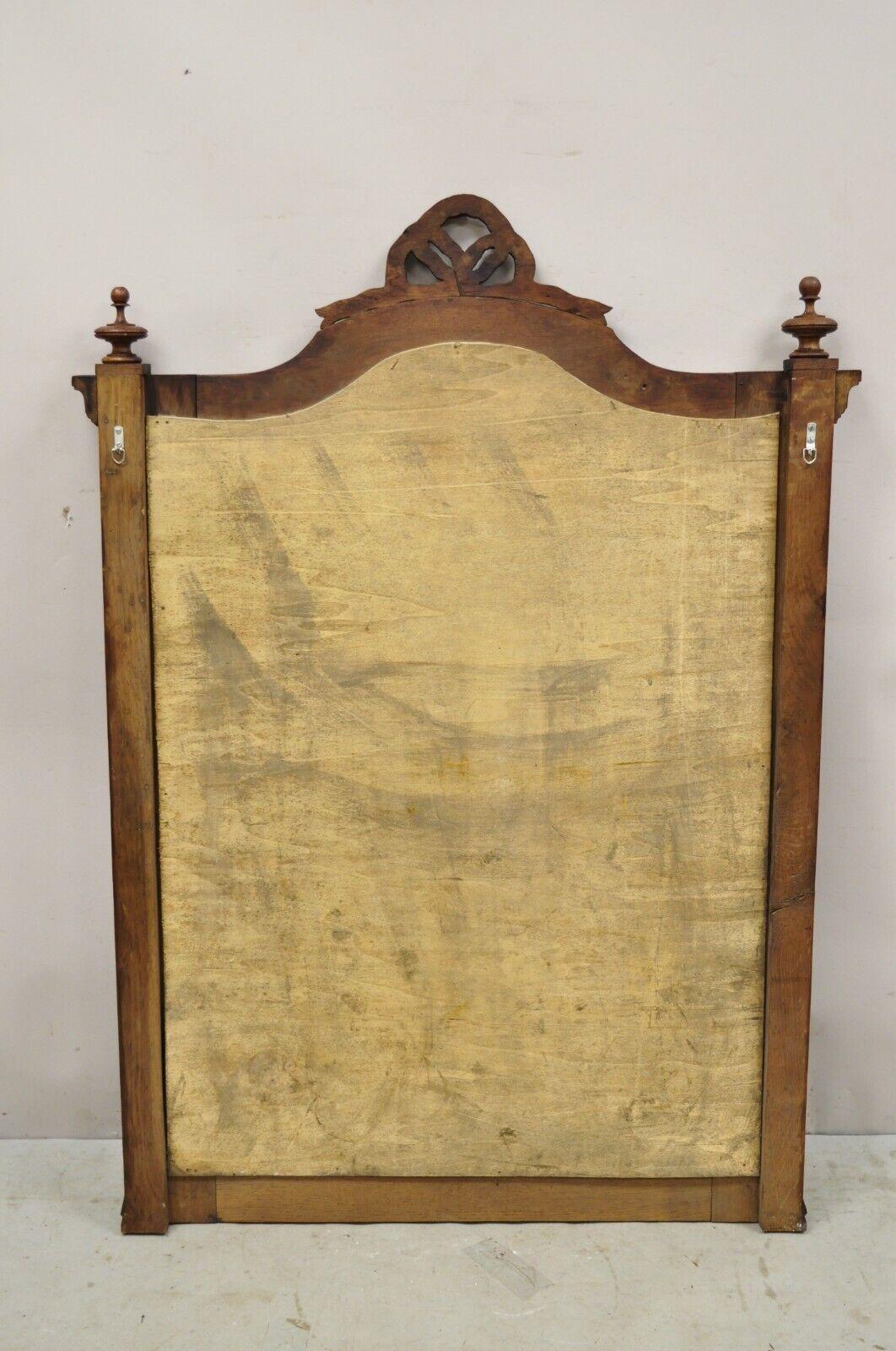 Antique Victorian Carved Oak Wood Ribbon Crest Beveled Glass Wall Mirror For Sale 2