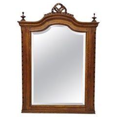 Antique Victorian Carved Oak Wood Ribbon Crest Beveled Glass Wall Mirror