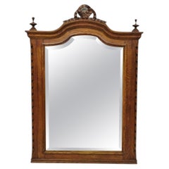 Antique Victorian Carved Oak Wood Ribbon Crest Beveled Glass Wall Mirror