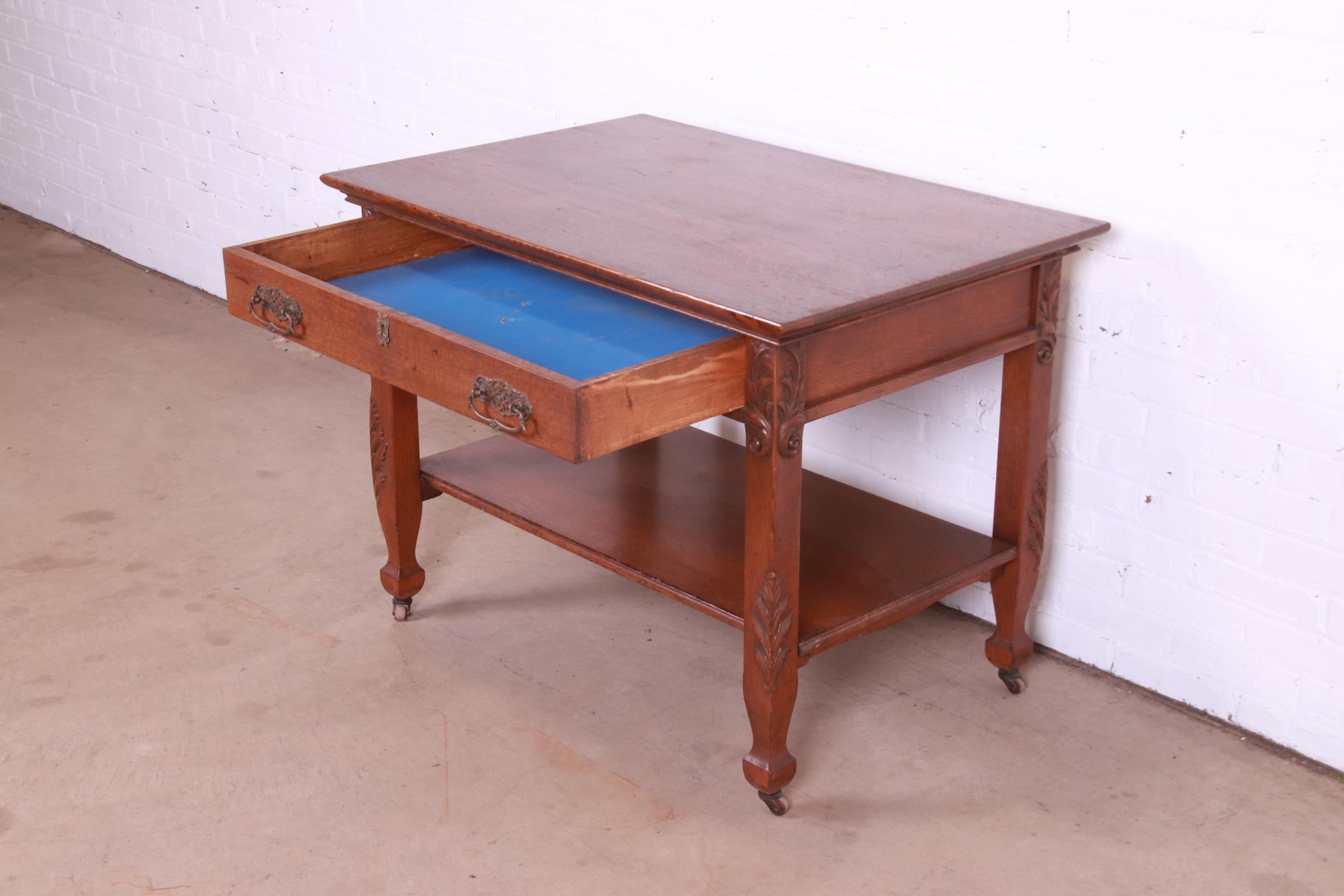 Antique Victorian Carved Oak Writing Desk or Library Table, Circa 1890s For Sale 3