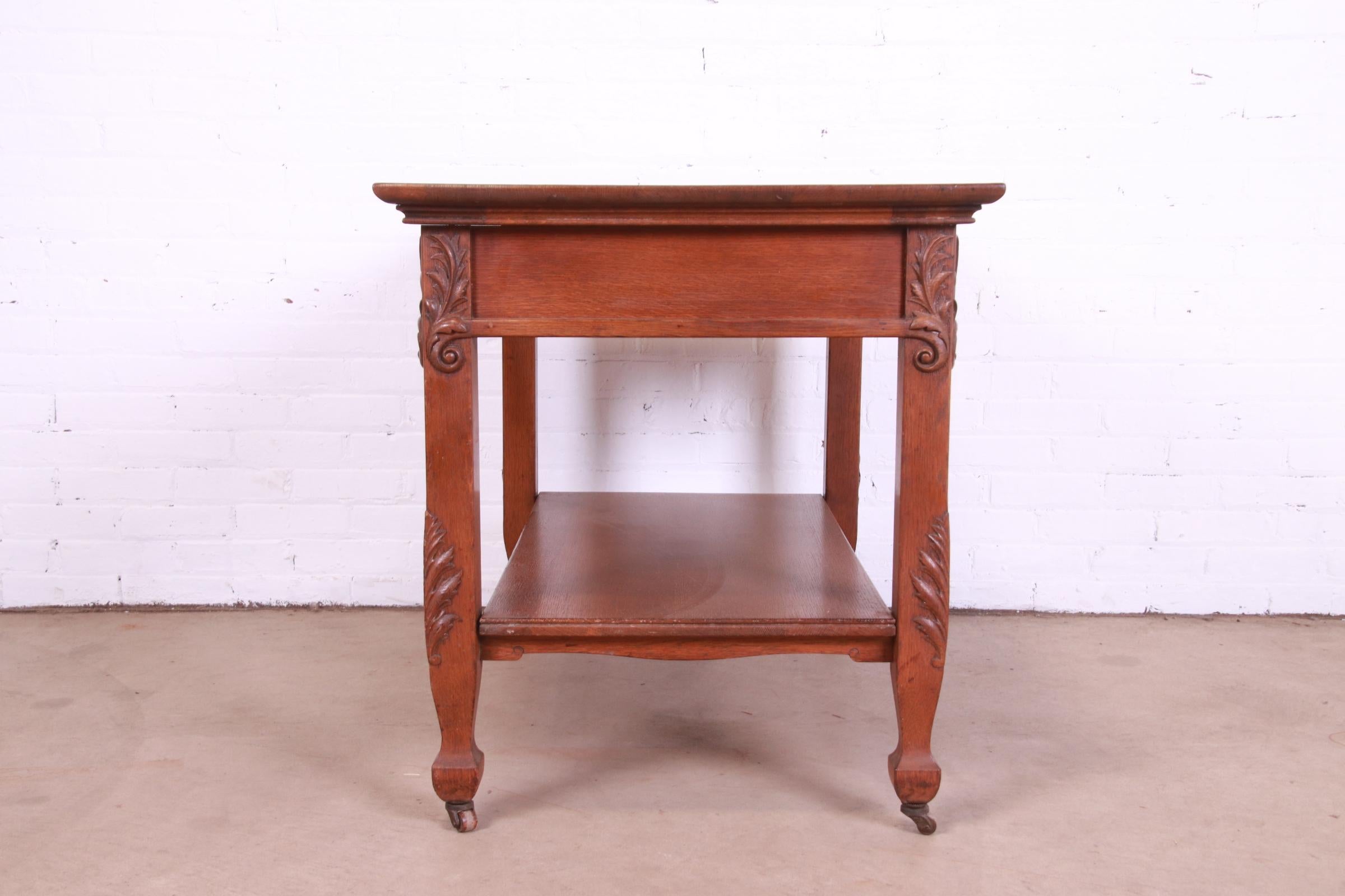 Antique Victorian Carved Oak Writing Desk or Library Table, Circa 1890s For Sale 6