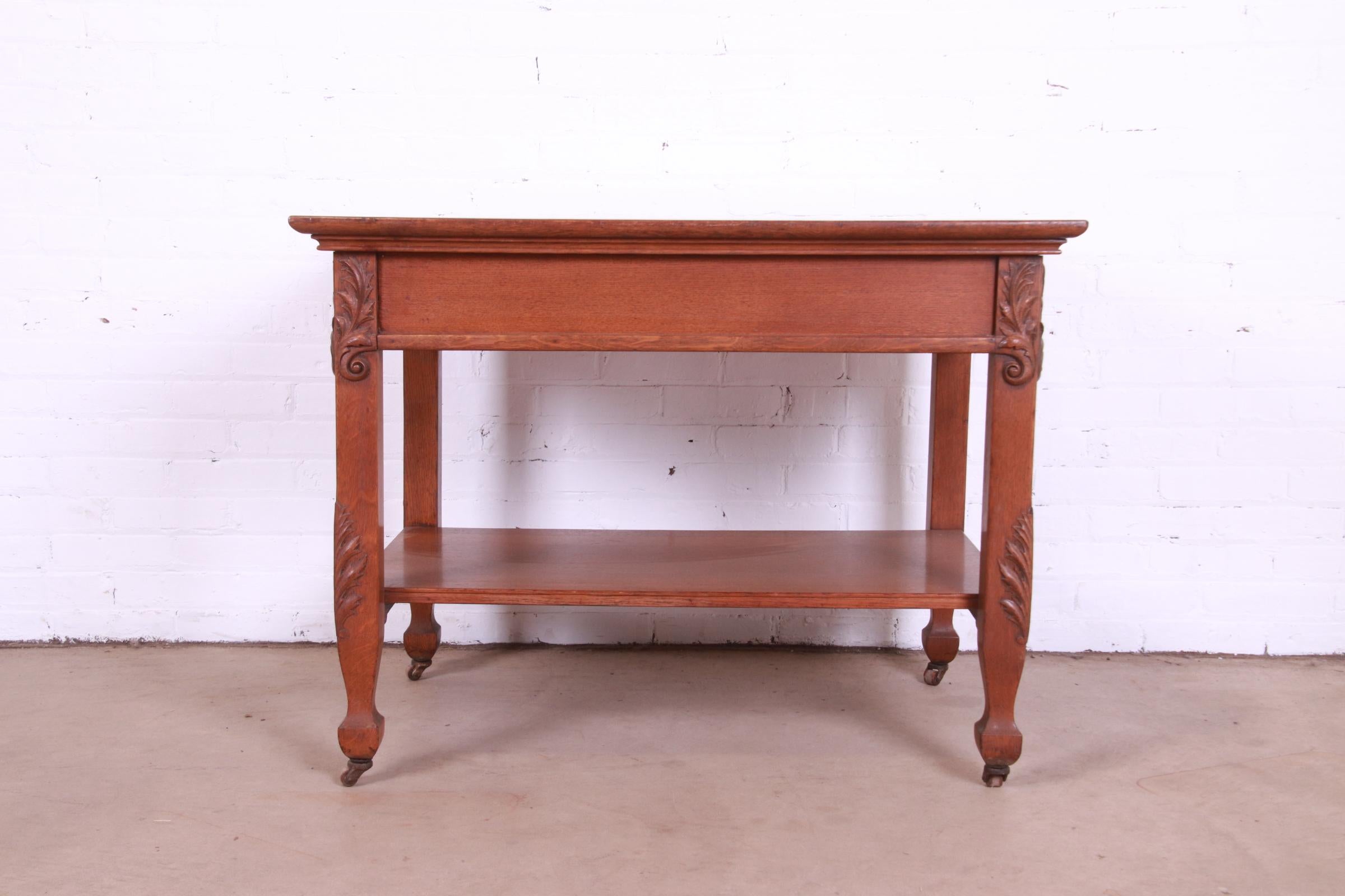 Antique Victorian Carved Oak Writing Desk or Library Table, Circa 1890s For Sale 7