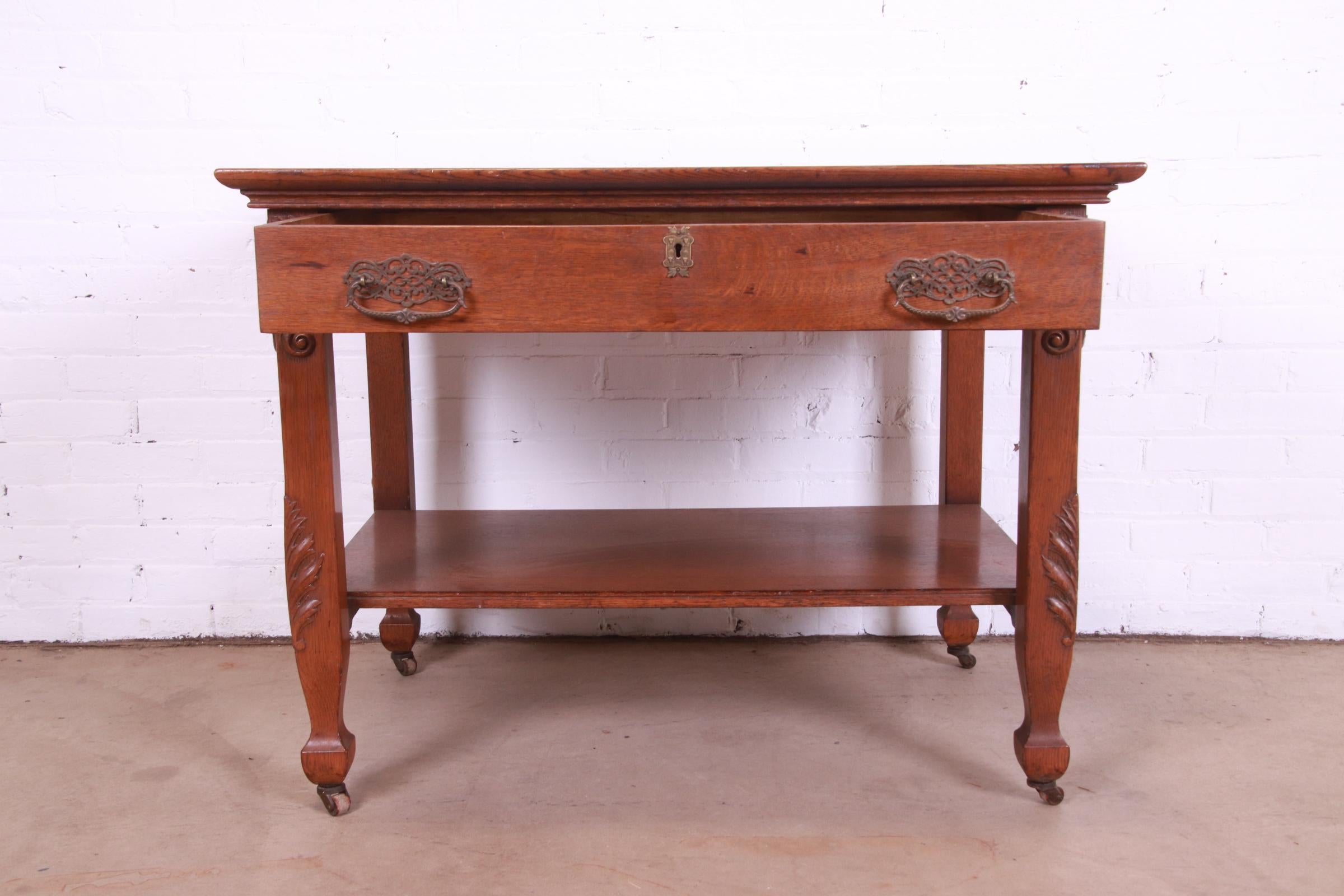 Antique Victorian Carved Oak Writing Desk or Library Table, Circa 1890s For Sale 2