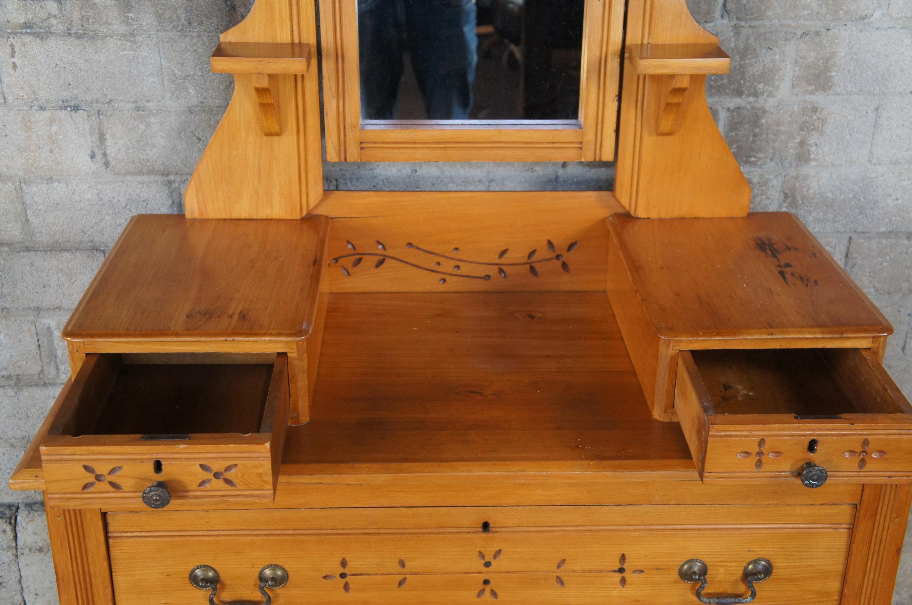 Antique Victorian Carved Pine Step Back Dresser & Mirror Glovebox Drawers Chest In Good Condition In Dayton, OH