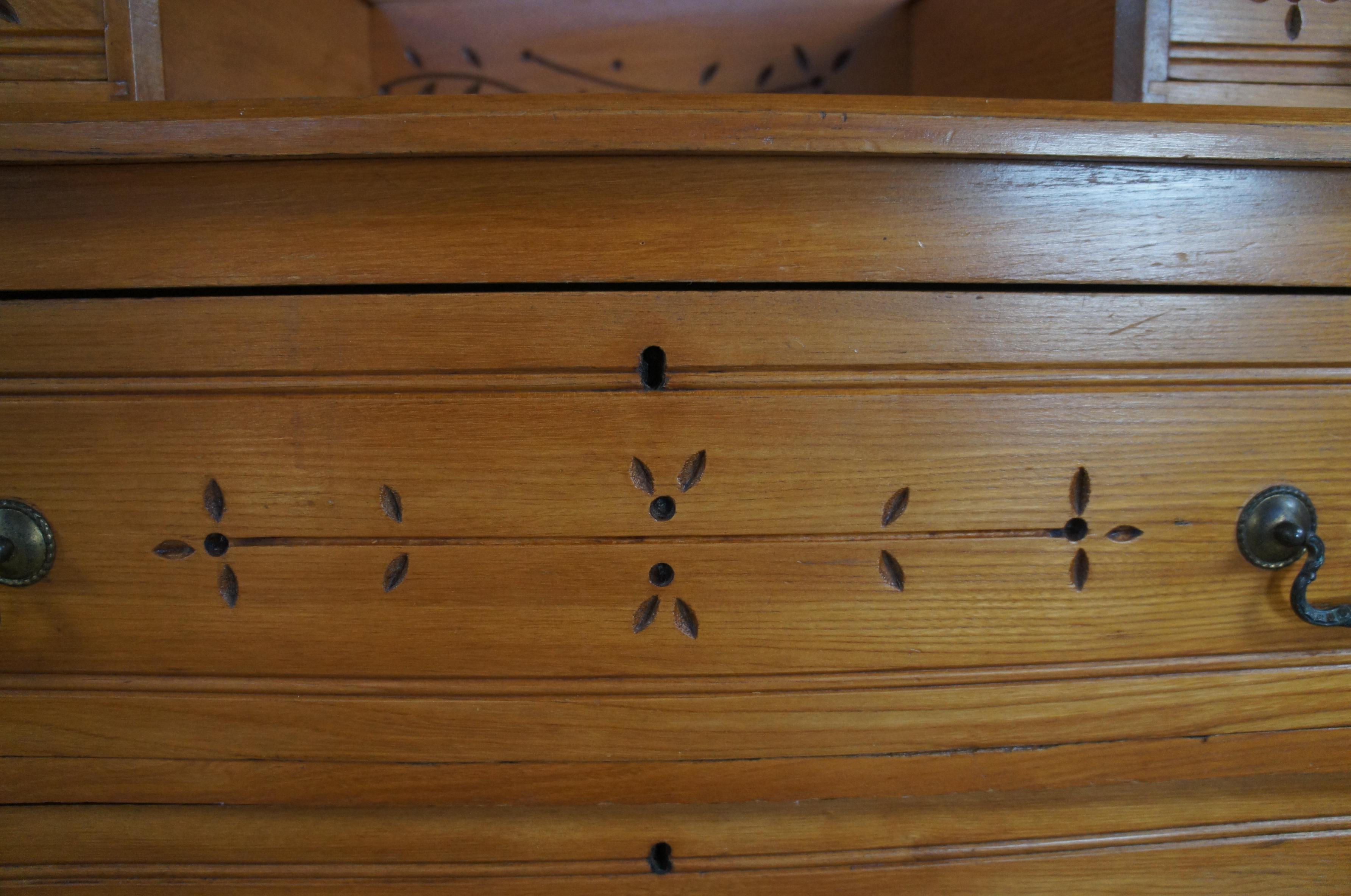 Antique Victorian Carved Pine Step Back Dresser & Mirror Glovebox Drawers Chest 1