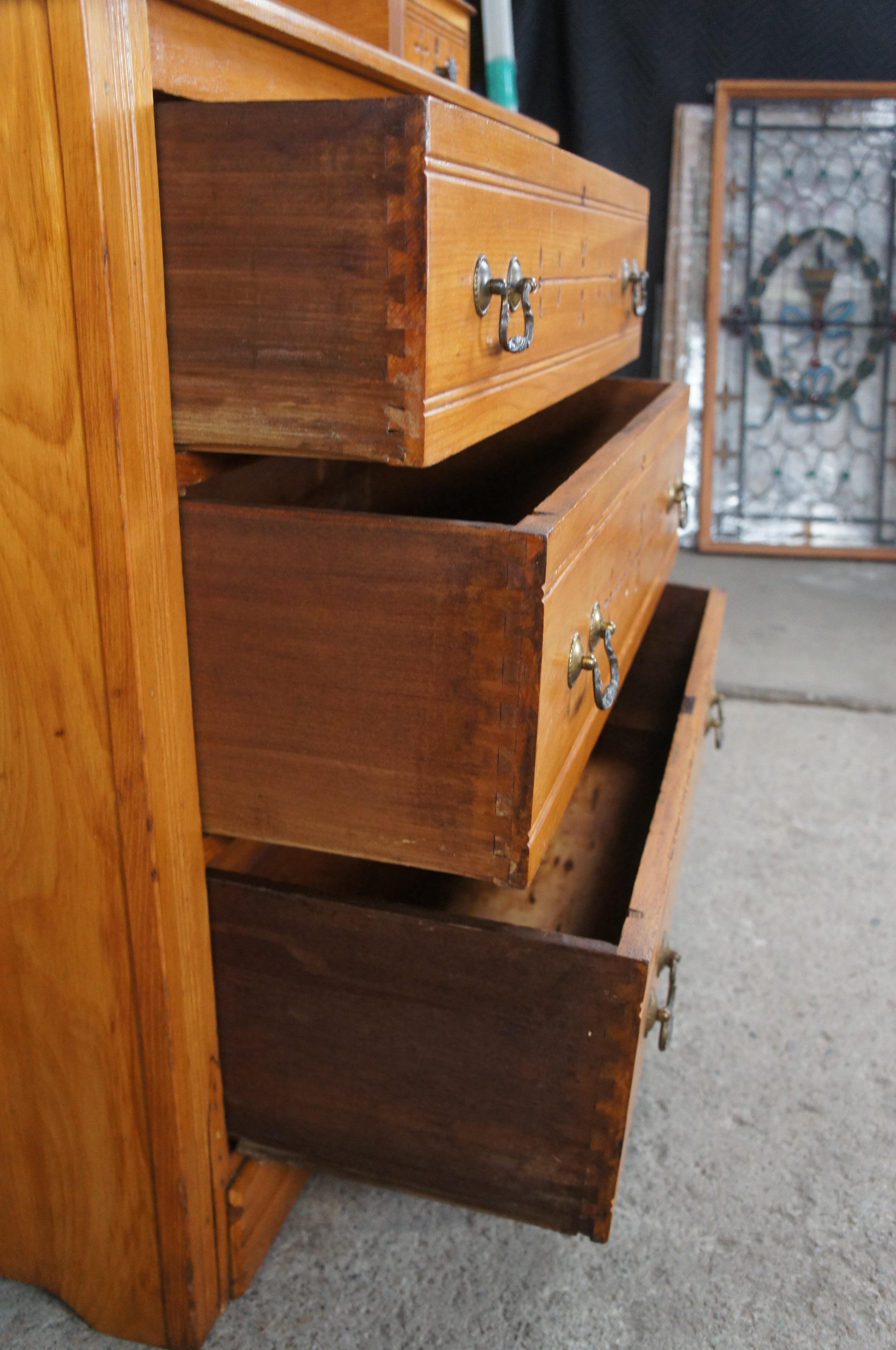 Antique Victorian Carved Pine Step Back Dresser & Mirror Glovebox Drawers Chest 2