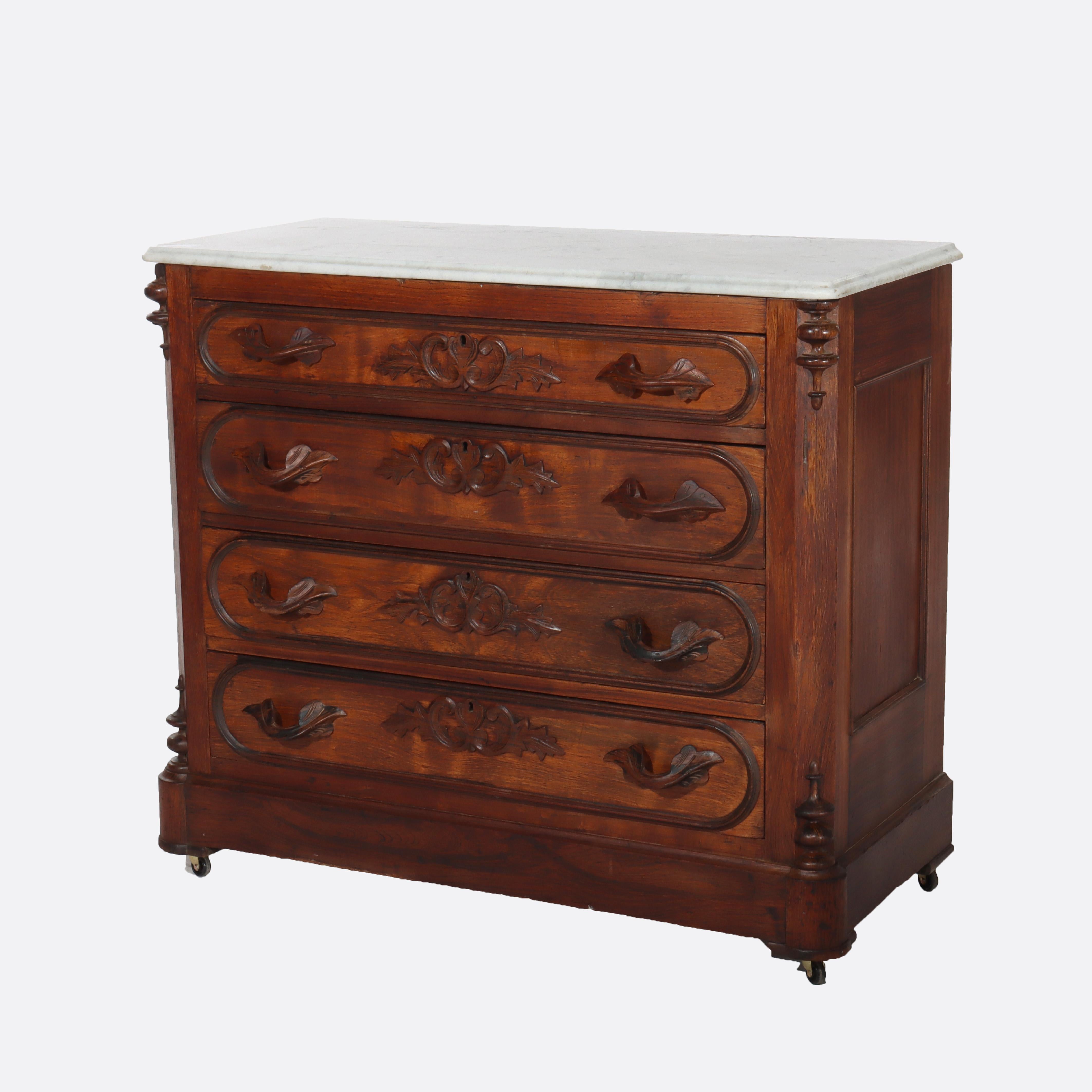 Antike viktorianische geschnitzte Palisander 4 Schublade Marmor Top Chest C1890
Maße - 35 1/2