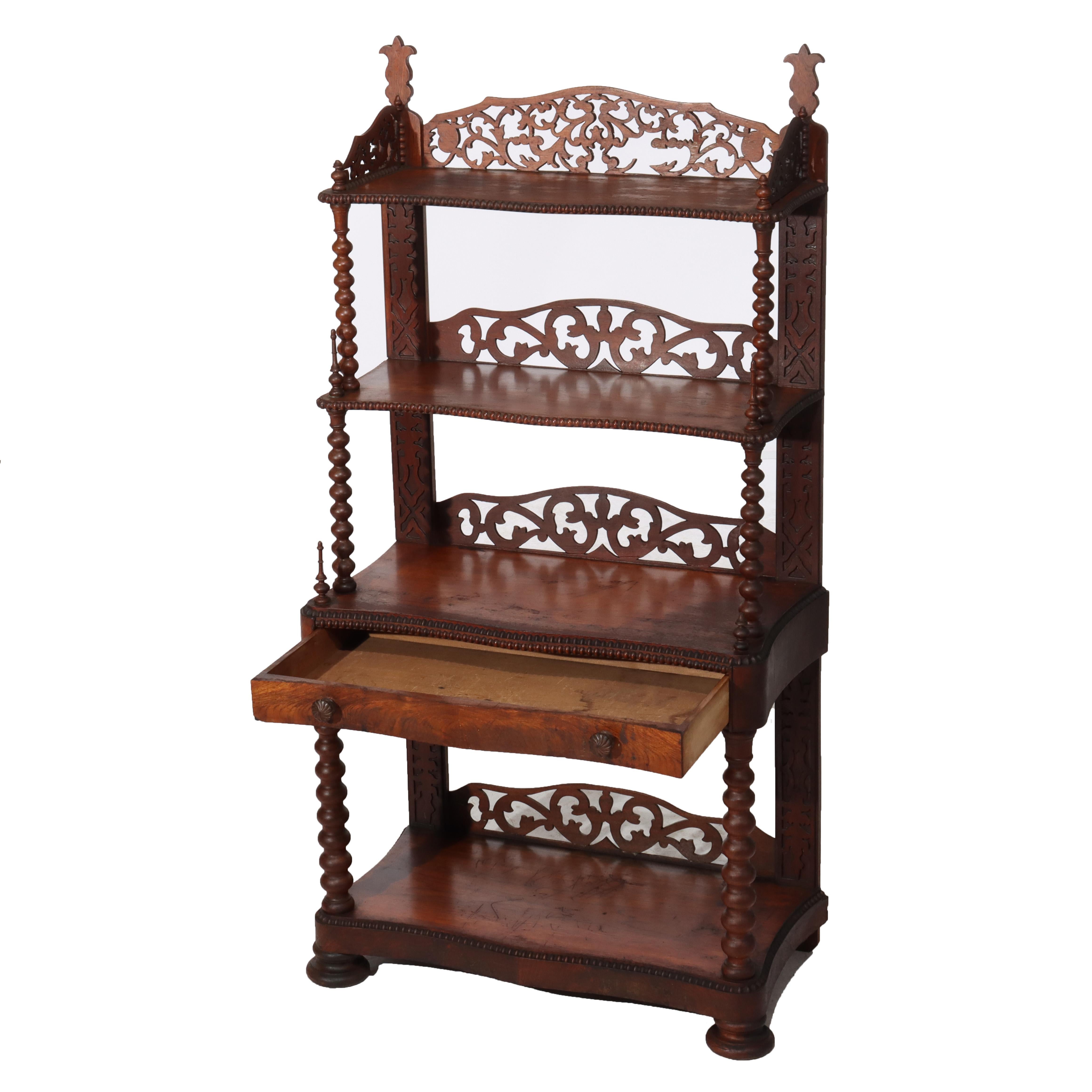 Ancienne étagère victorienne en bois de rose sculpté et filigrané à quatre étagères et tiroir c1890 en vente 5