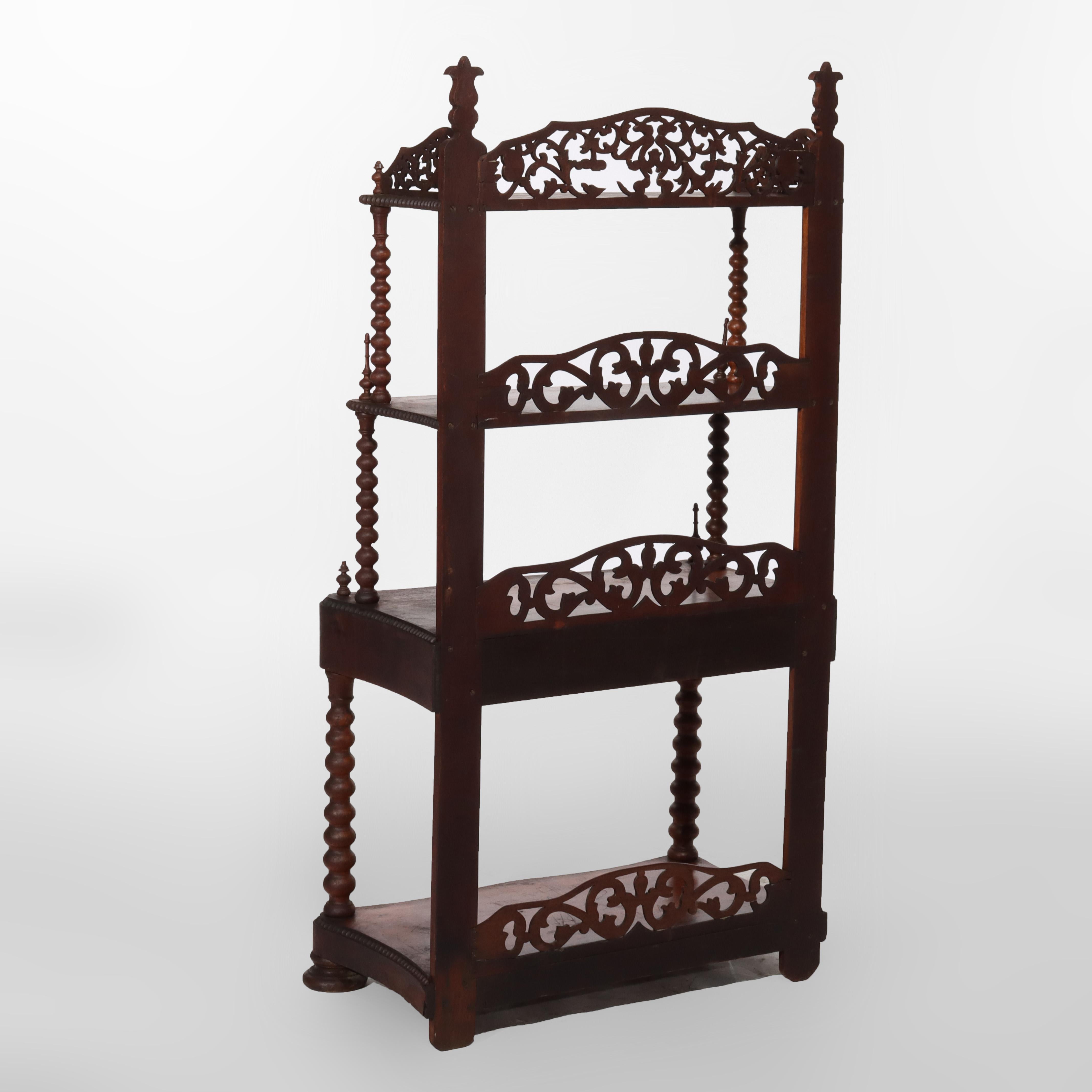 Ancienne étagère victorienne en bois de rose sculpté et filigrané à quatre étagères et tiroir c1890 en vente 6