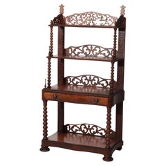 Ancienne étagère victorienne en bois de rose sculpté et filigrané à quatre étagères et tiroir c1890
