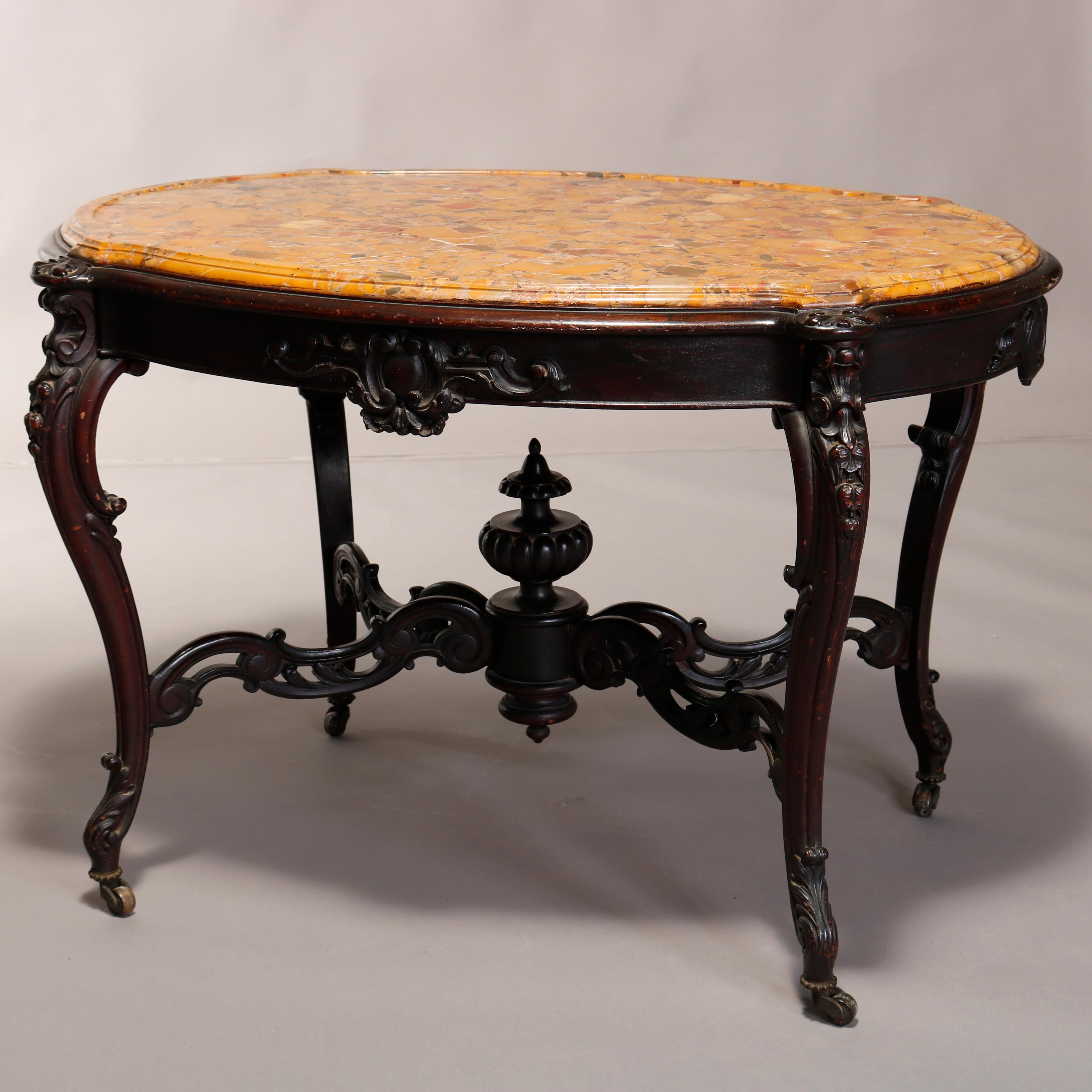 American Antique Victorian Carved Rosewood and Fossilized Marble Top Parlor Table