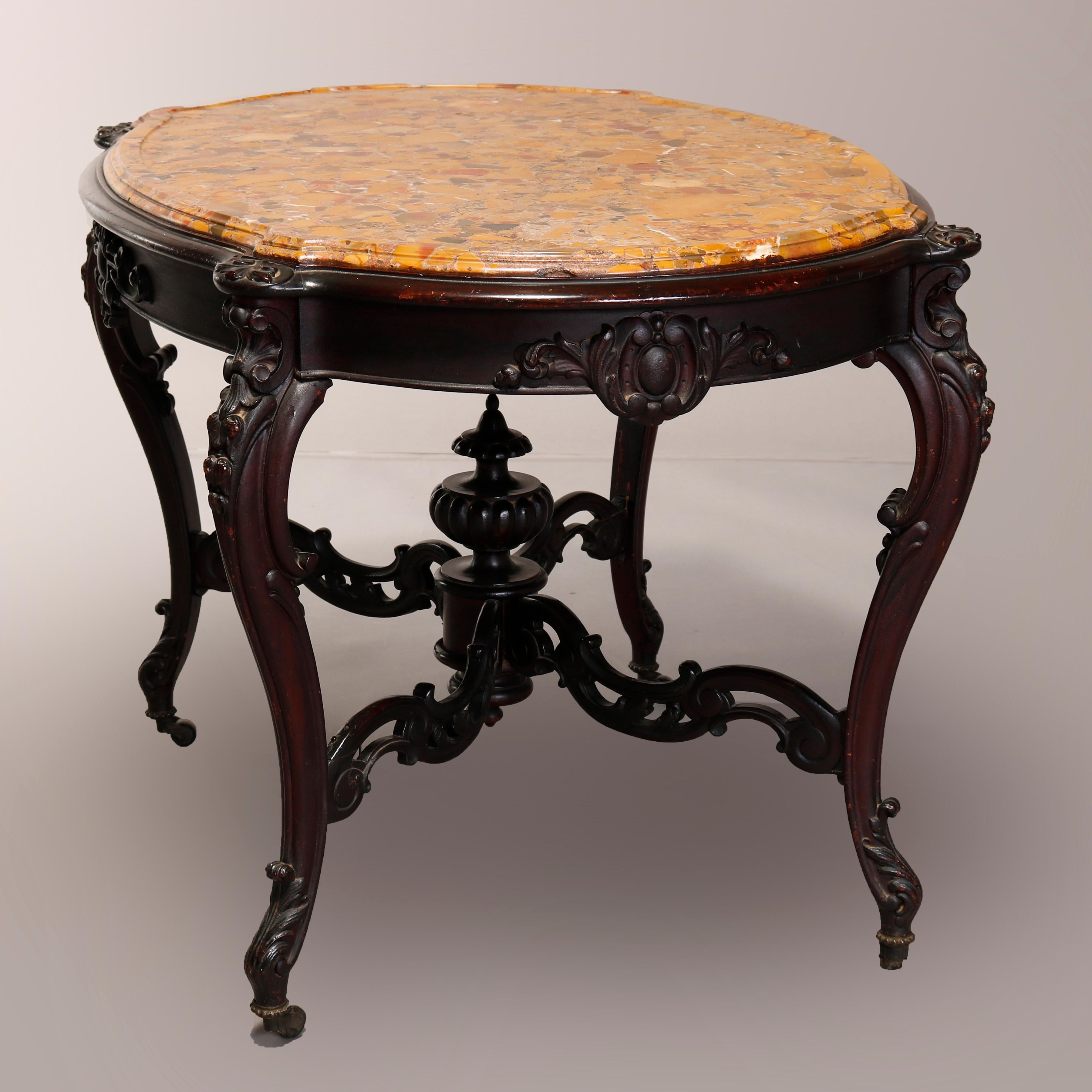 Beveled Antique Victorian Carved Rosewood and Fossilized Marble Top Parlor Table