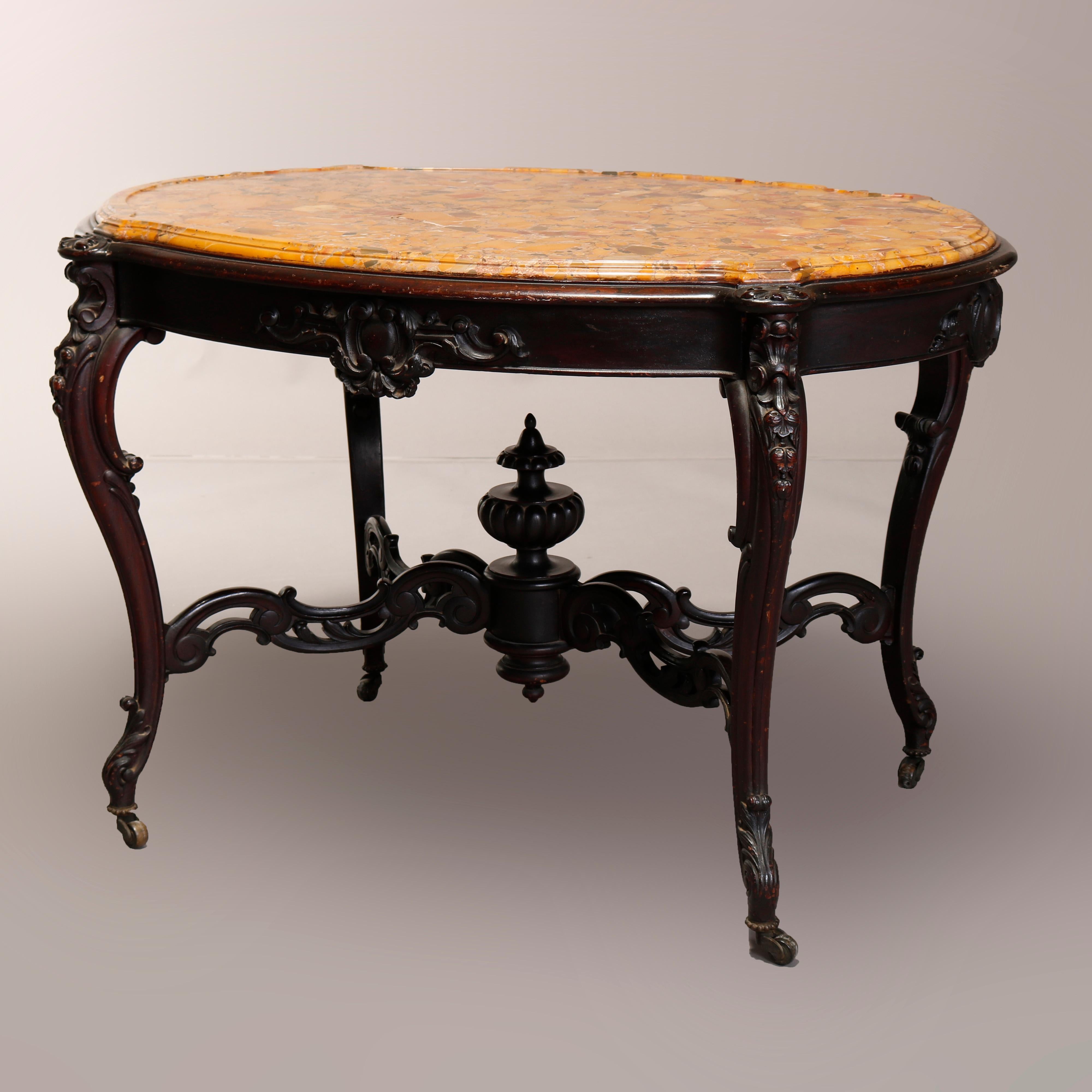 Antique Victorian Carved Rosewood and Fossilized Marble Top Parlor Table In Good Condition In Big Flats, NY