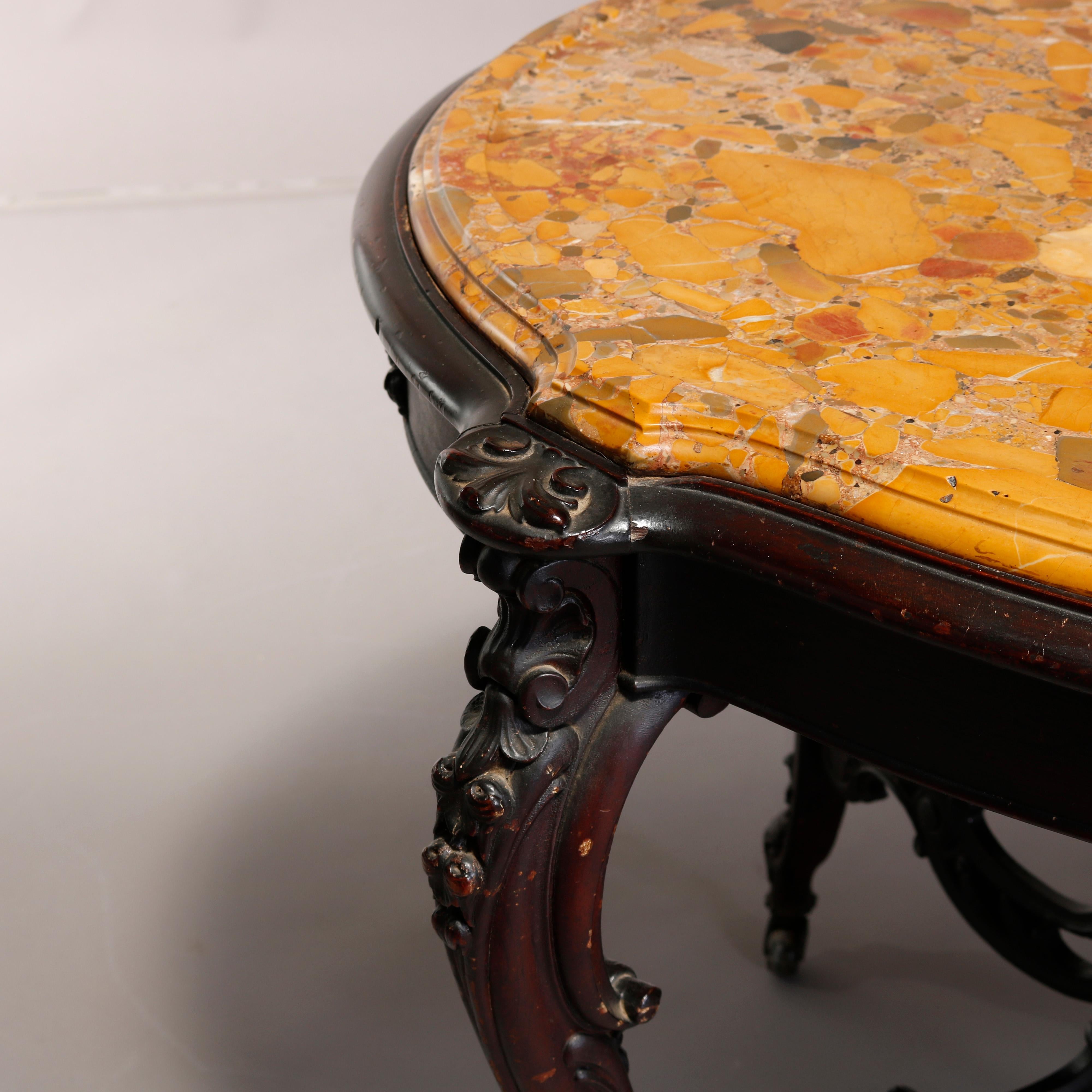 19th Century Antique Victorian Carved Rosewood and Fossilized Marble Top Parlor Table