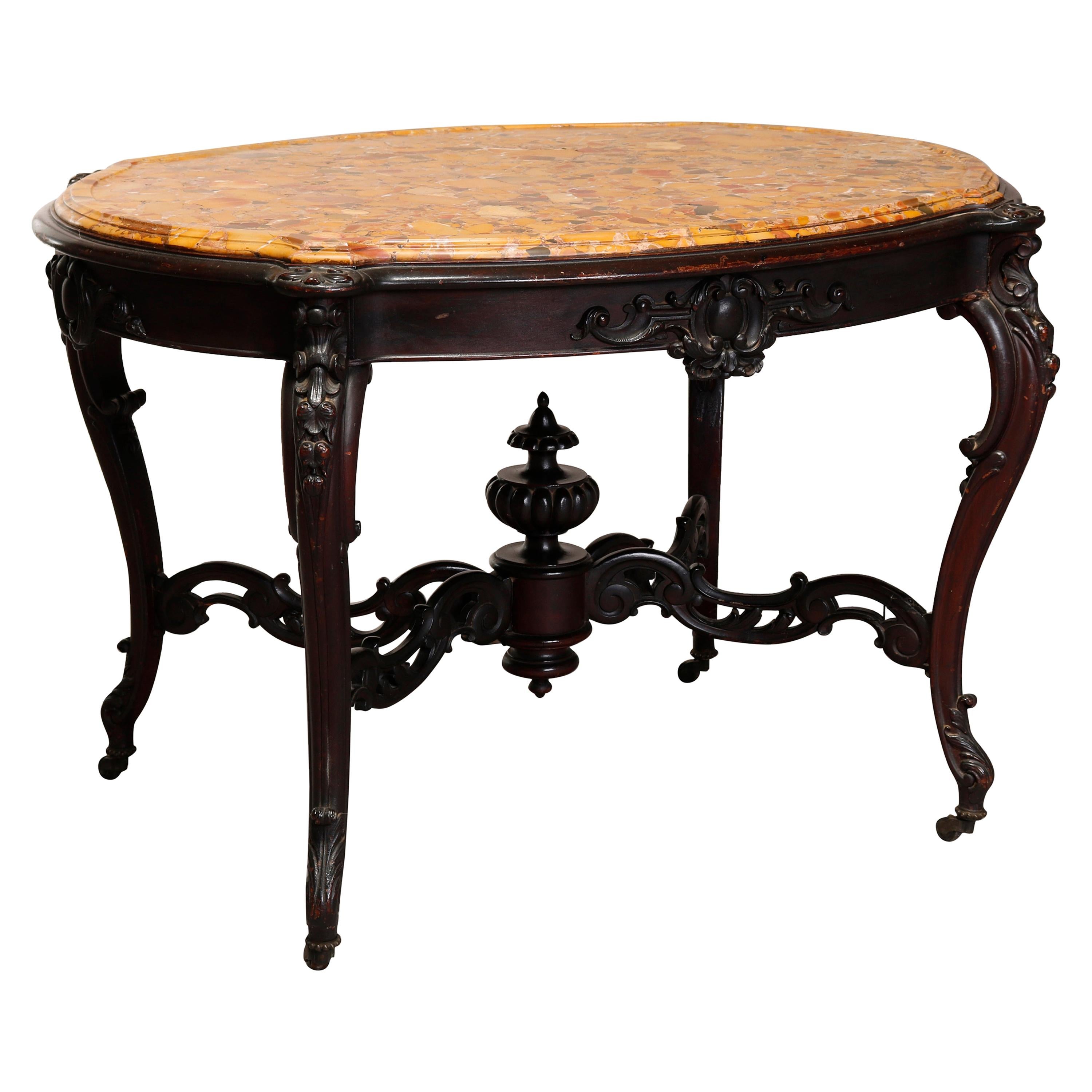 Antique Victorian Carved Rosewood and Fossilized Marble Top Parlor Table