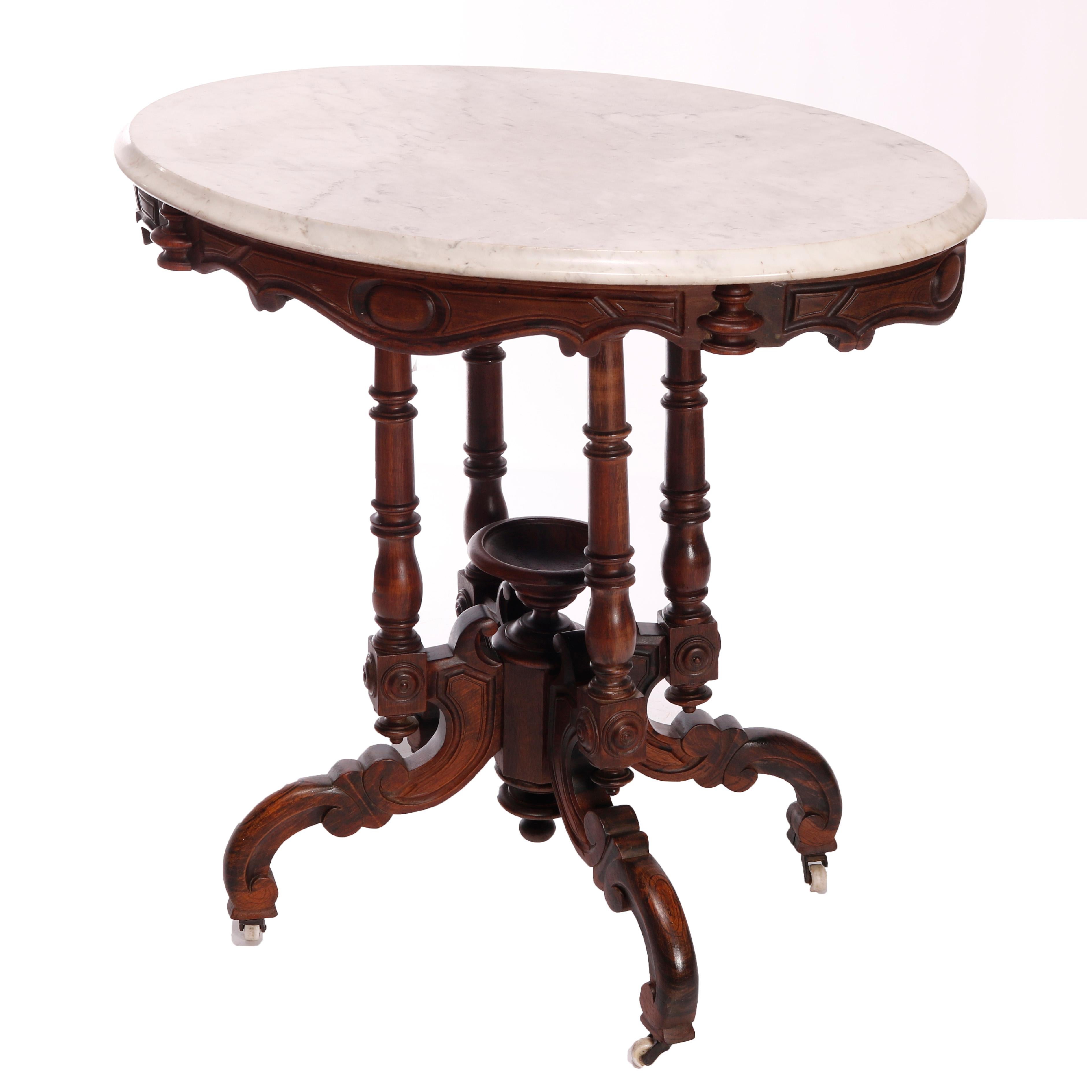 Antique Victorian Carved Rosewood & Marble Parlor Table, C1880 In Good Condition For Sale In Big Flats, NY