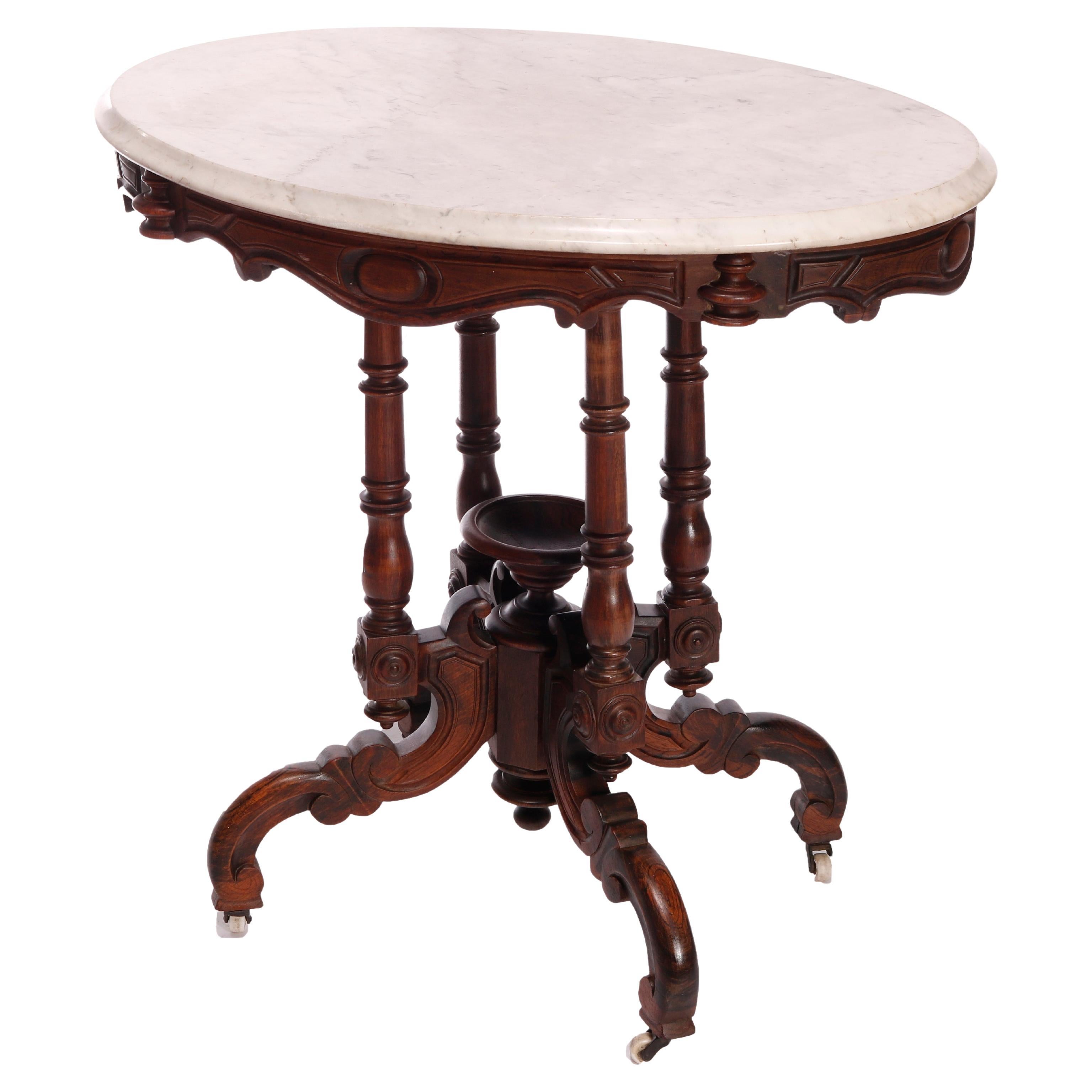 Antique Victorian Carved Rosewood & Marble Parlor Table, C1880 For Sale