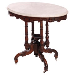 Antique Victorian Carved Rosewood & Marble Parlor Table, C1880