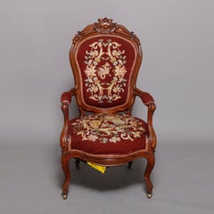 Antique Victorian Carved Rosewood Needlepoint Gentleman's Parlor Armchair