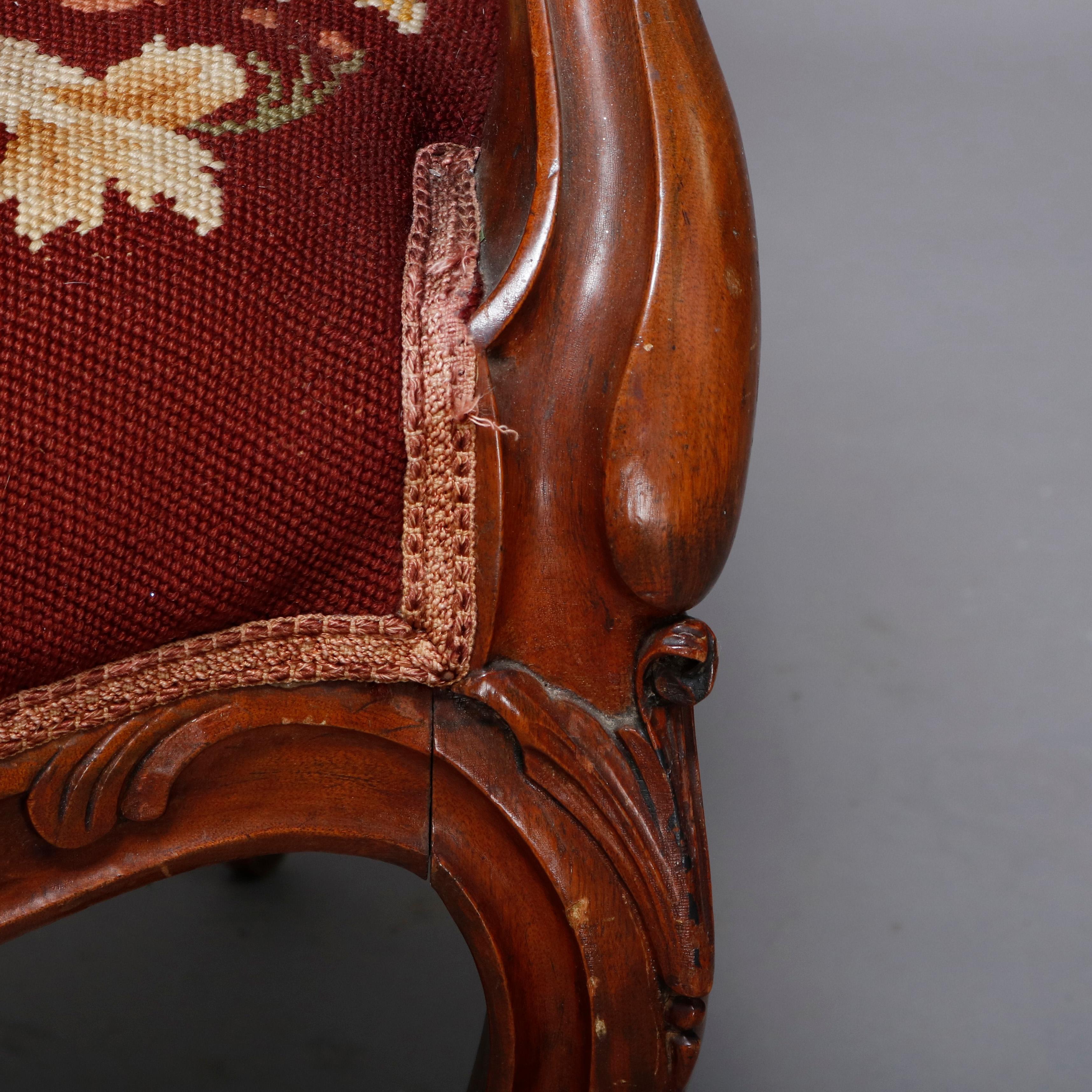 19th Century Antique Victorian Carved Rosewood Needlepoint Gentleman's Parlor Armchair