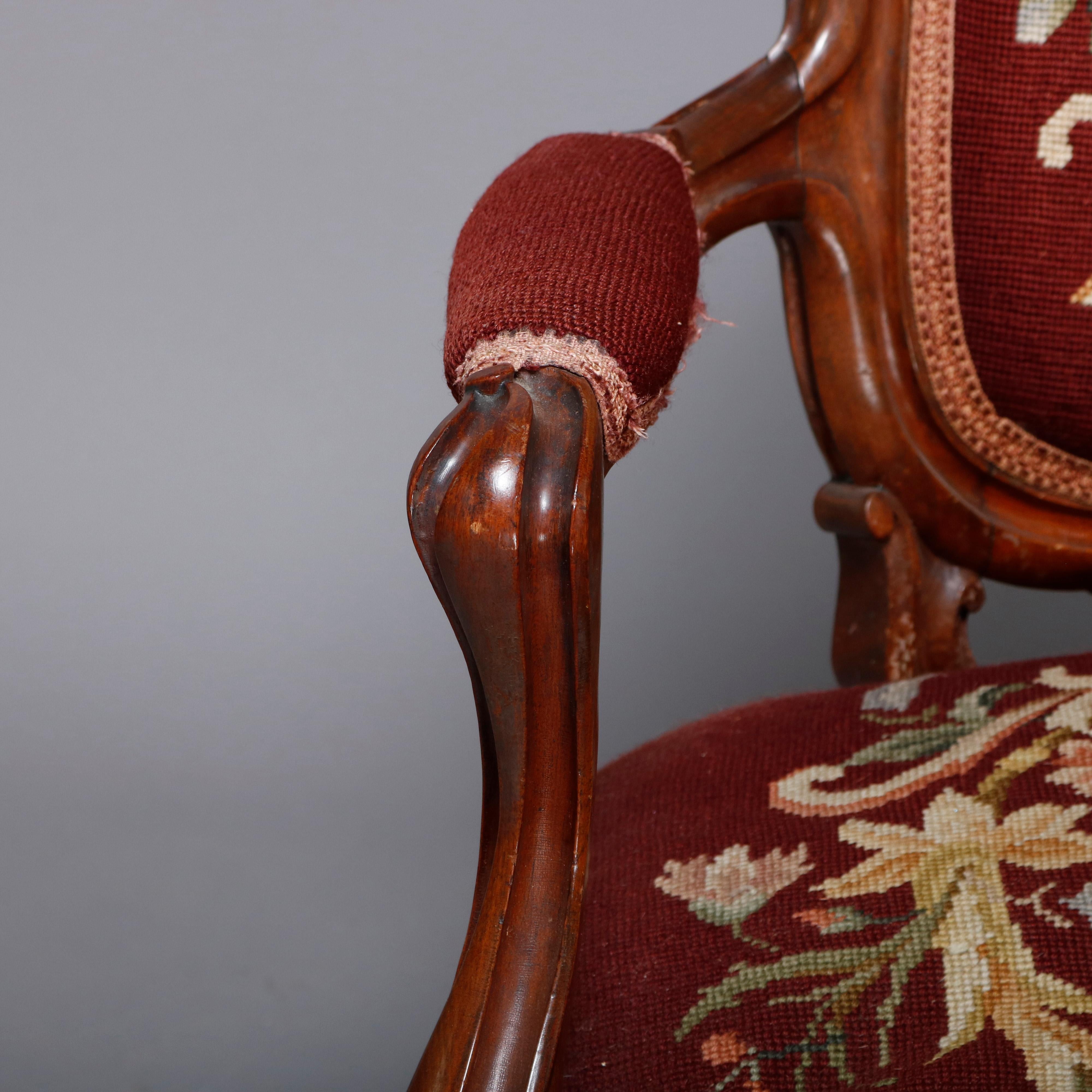 Upholstery Antique Victorian Carved Rosewood Needlepoint Gentleman's Parlor Armchair