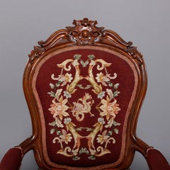 Antique Victorian Carved Rosewood Needlepoint Gentleman's Parlor Armchair