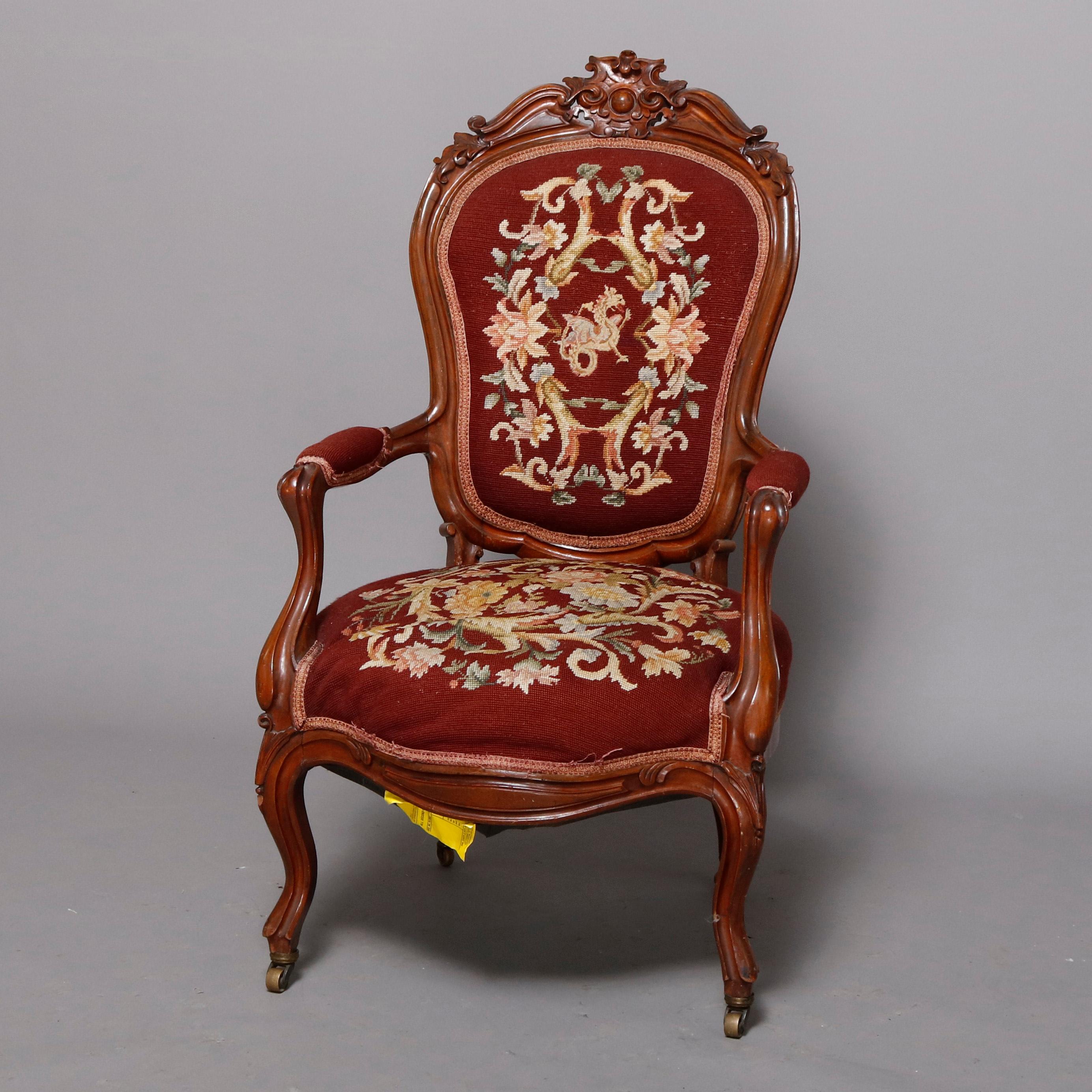 Antique Victorian Carved Rosewood Needlepoint Gentleman's Parlor Armchair In Good Condition In Big Flats, NY