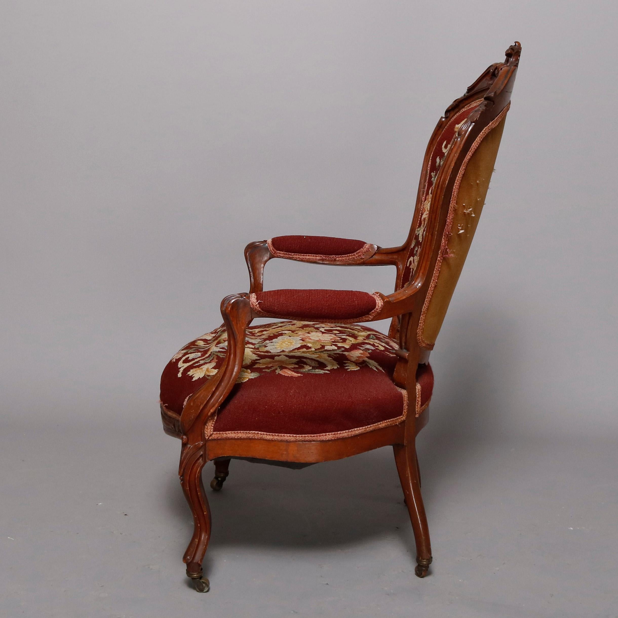 Antique Victorian Carved Rosewood Needlepoint Gentleman's Parlor Armchair 2