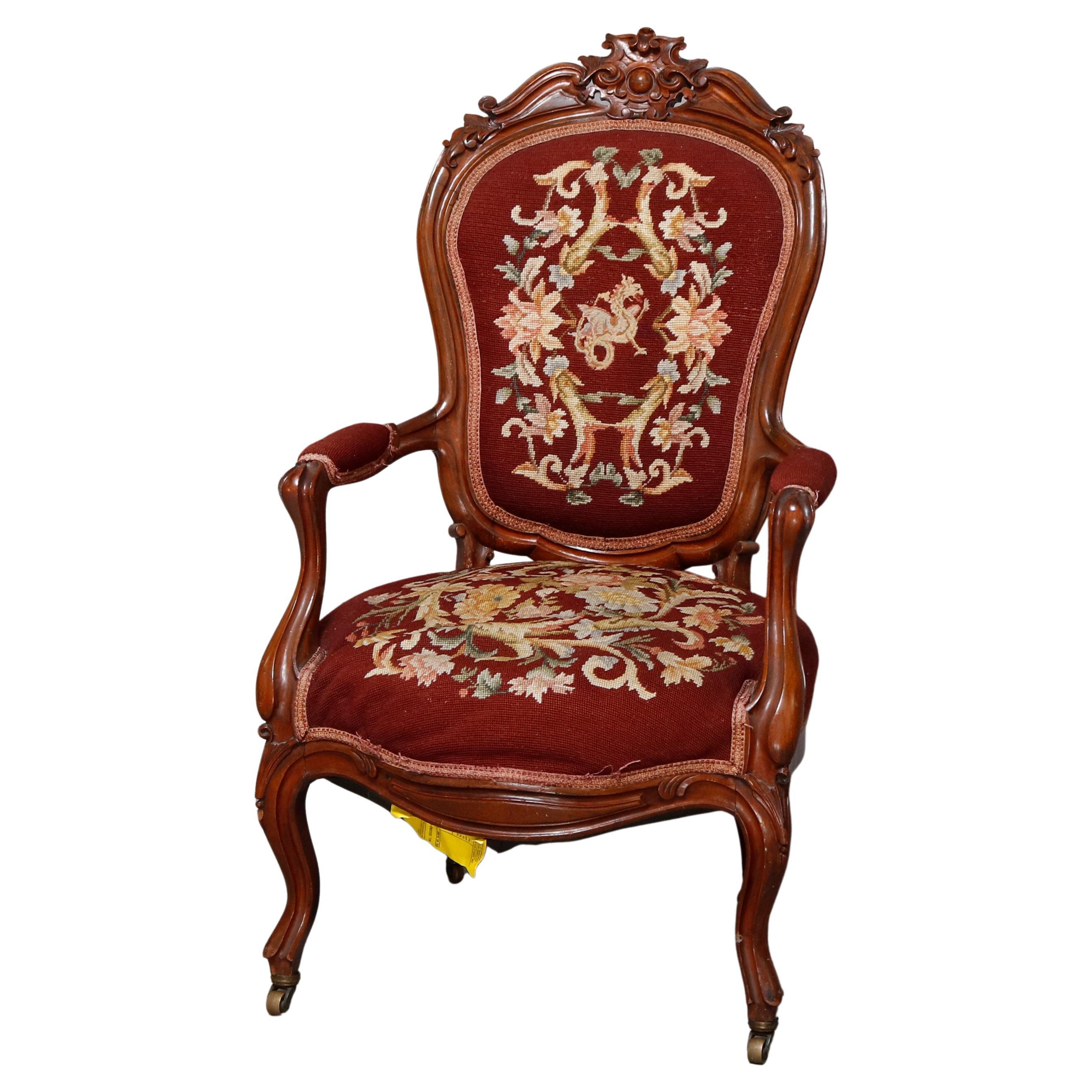 Antique Victorian Carved Rosewood Needlepoint Gentleman's Parlor Armchair