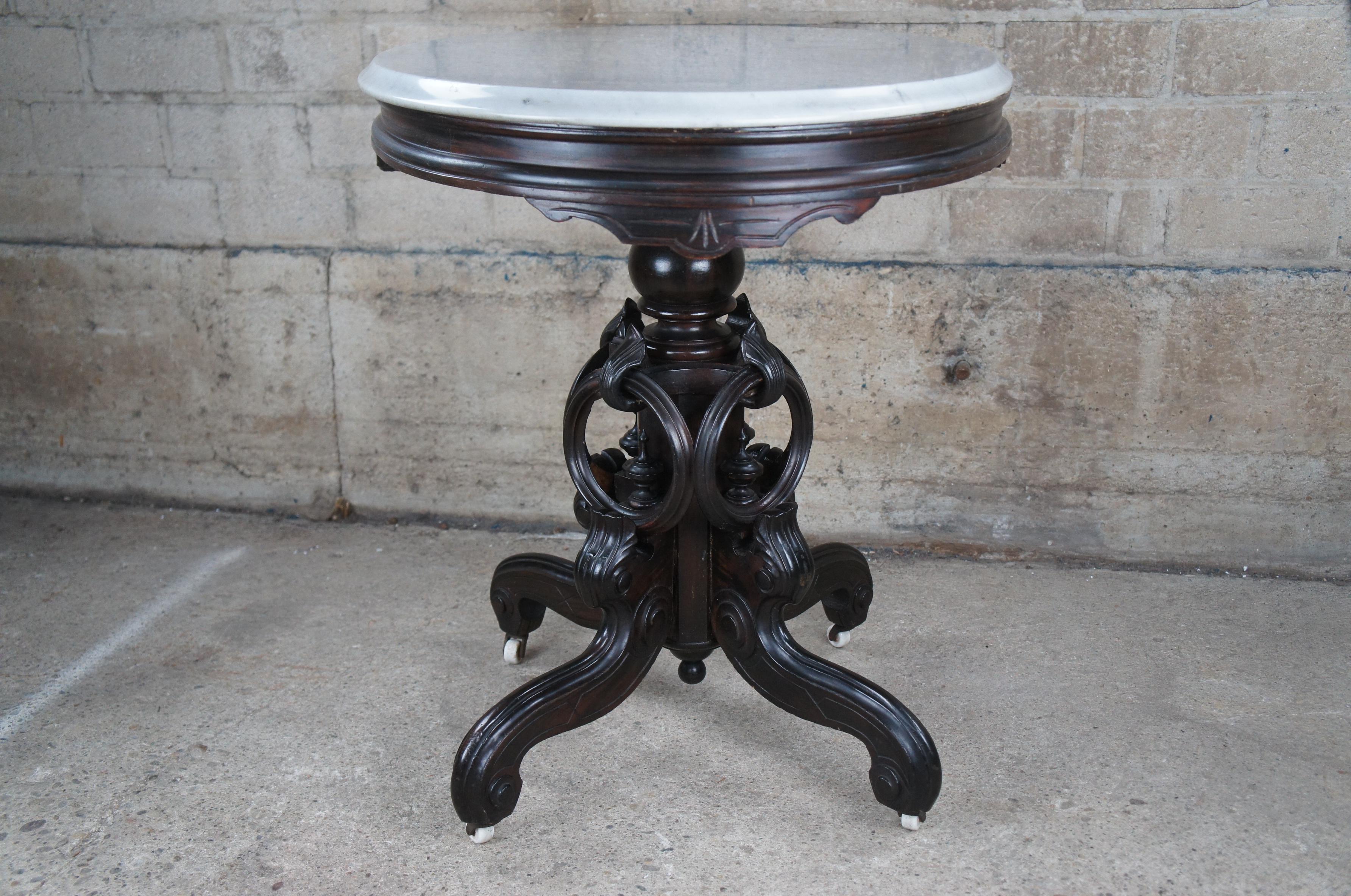 Antique Victorian Carved Rosewood Oval Marble Parlor Center Accent Table 32