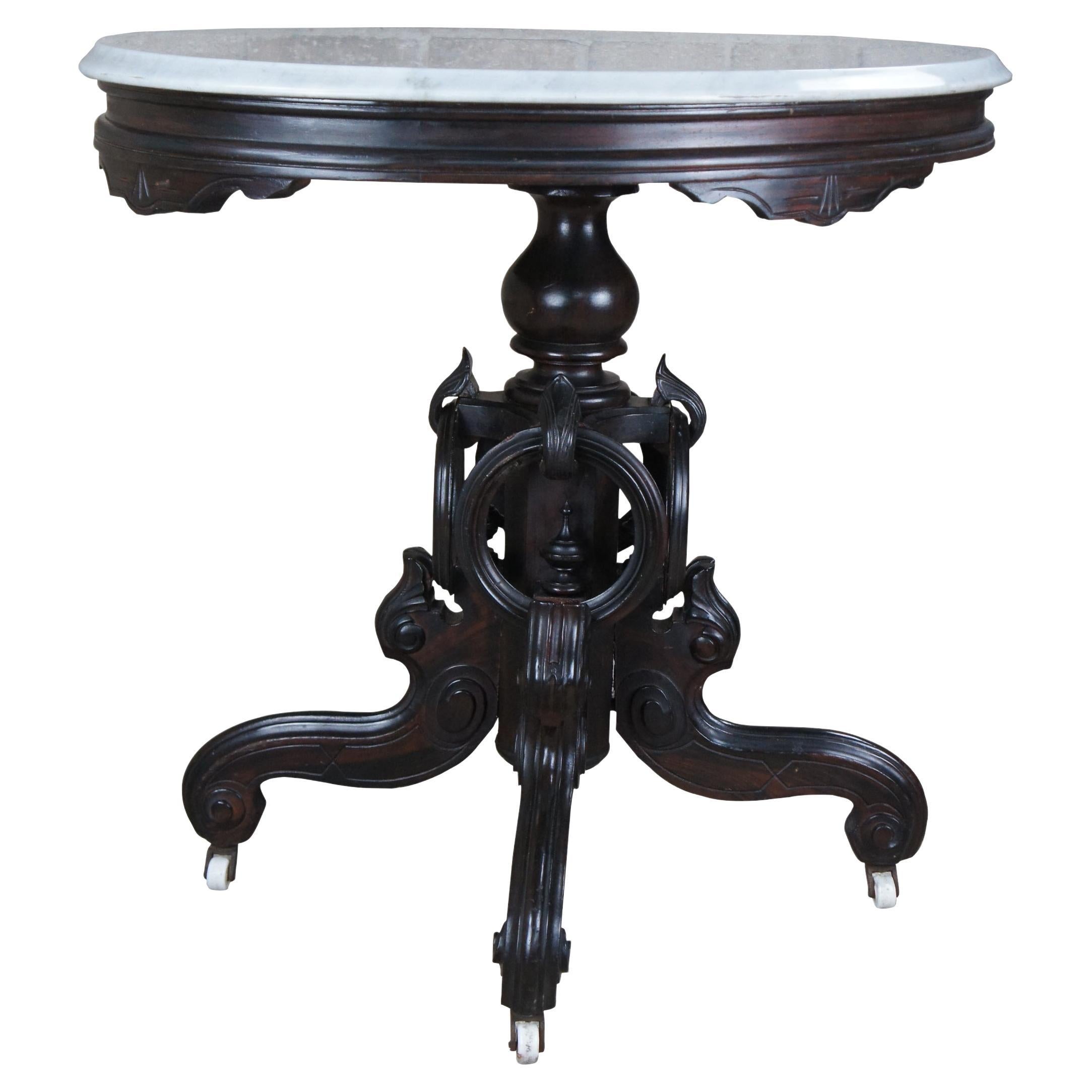 Antique Victorian Carved Rosewood Oval Marble Parlor Center Accent Table 32" For Sale