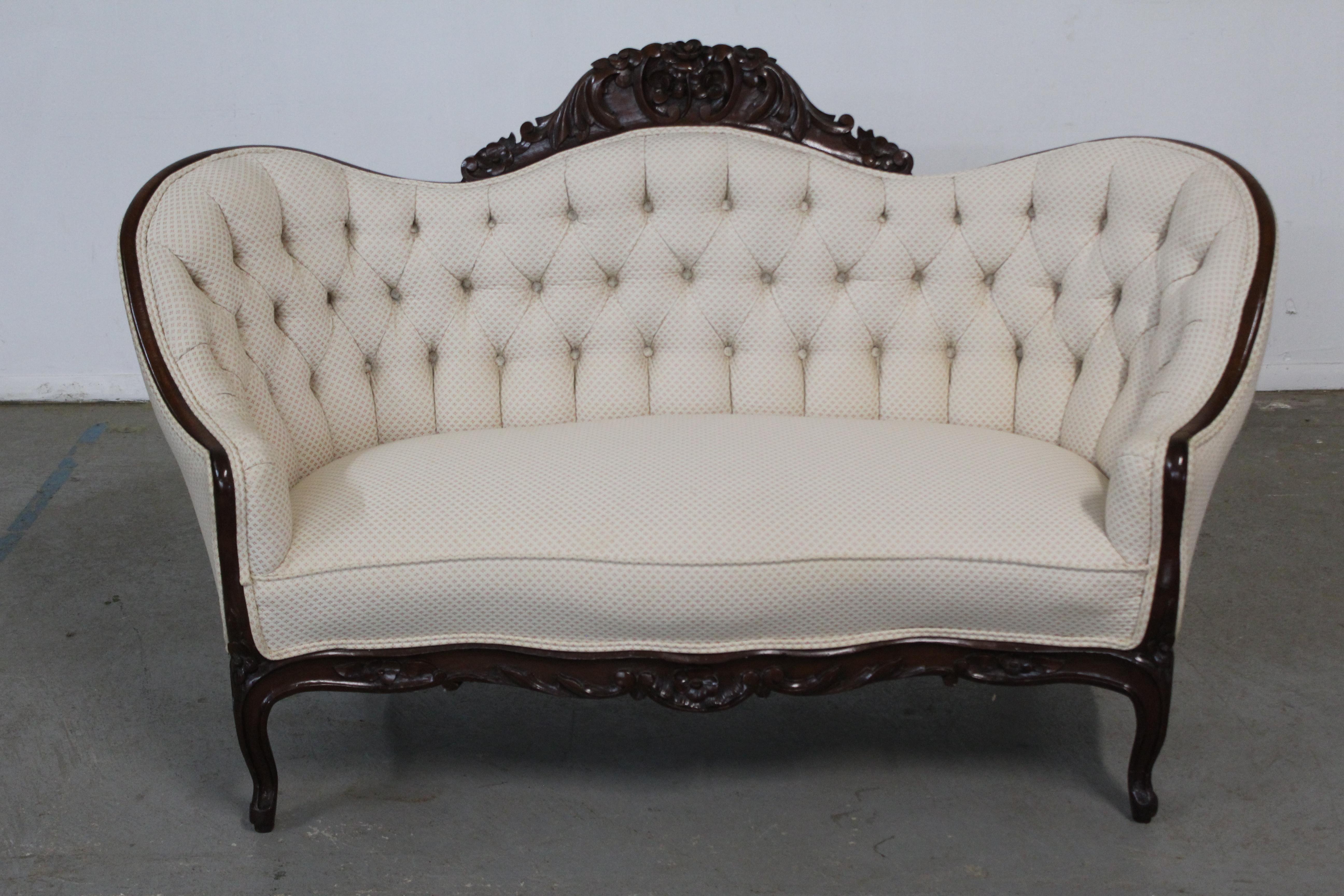 Antique Victorian Carved Settee / Loveseat / Sofa with Tufted Back 8