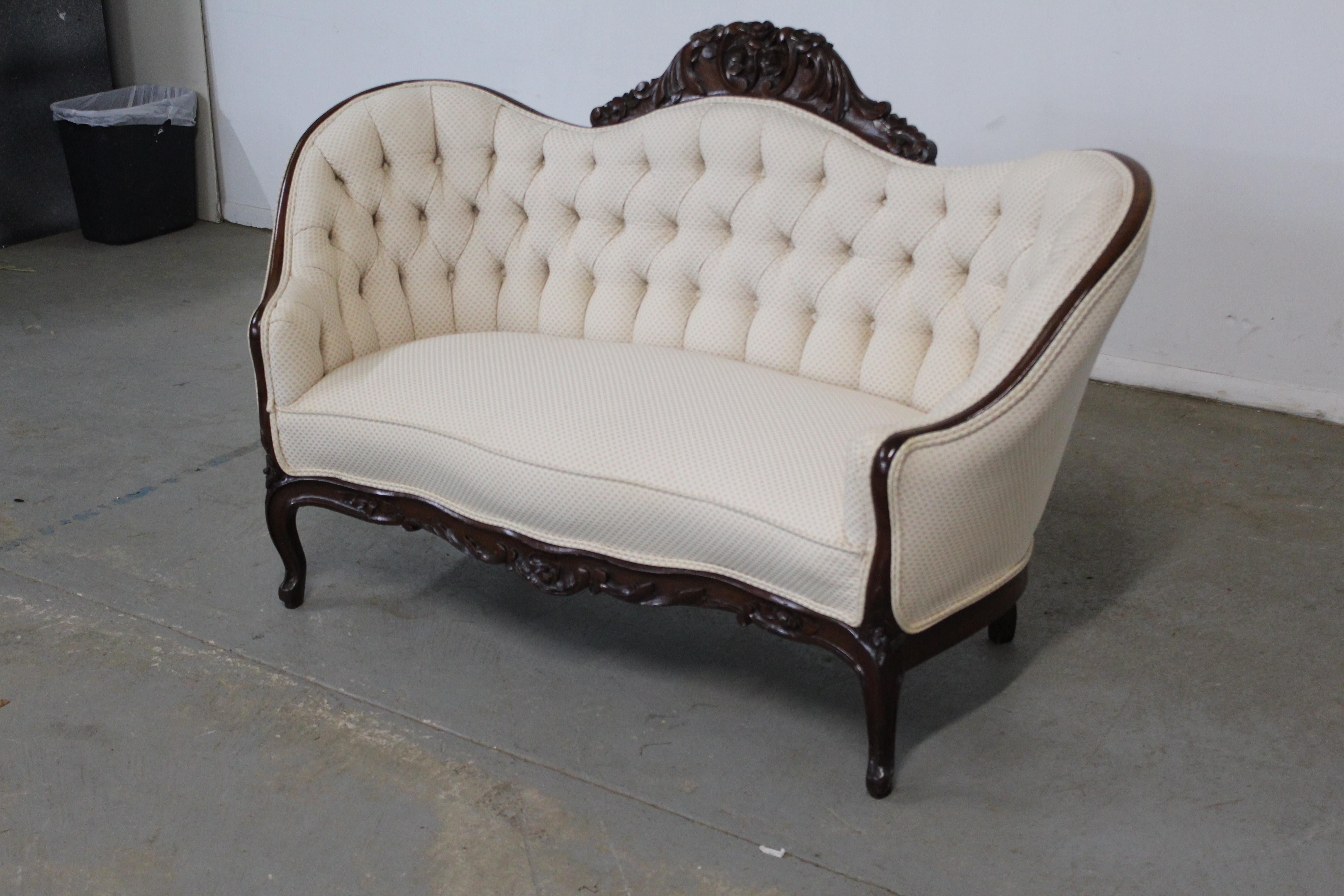 Unknown Antique Victorian Carved Settee / Loveseat / Sofa with Tufted Back