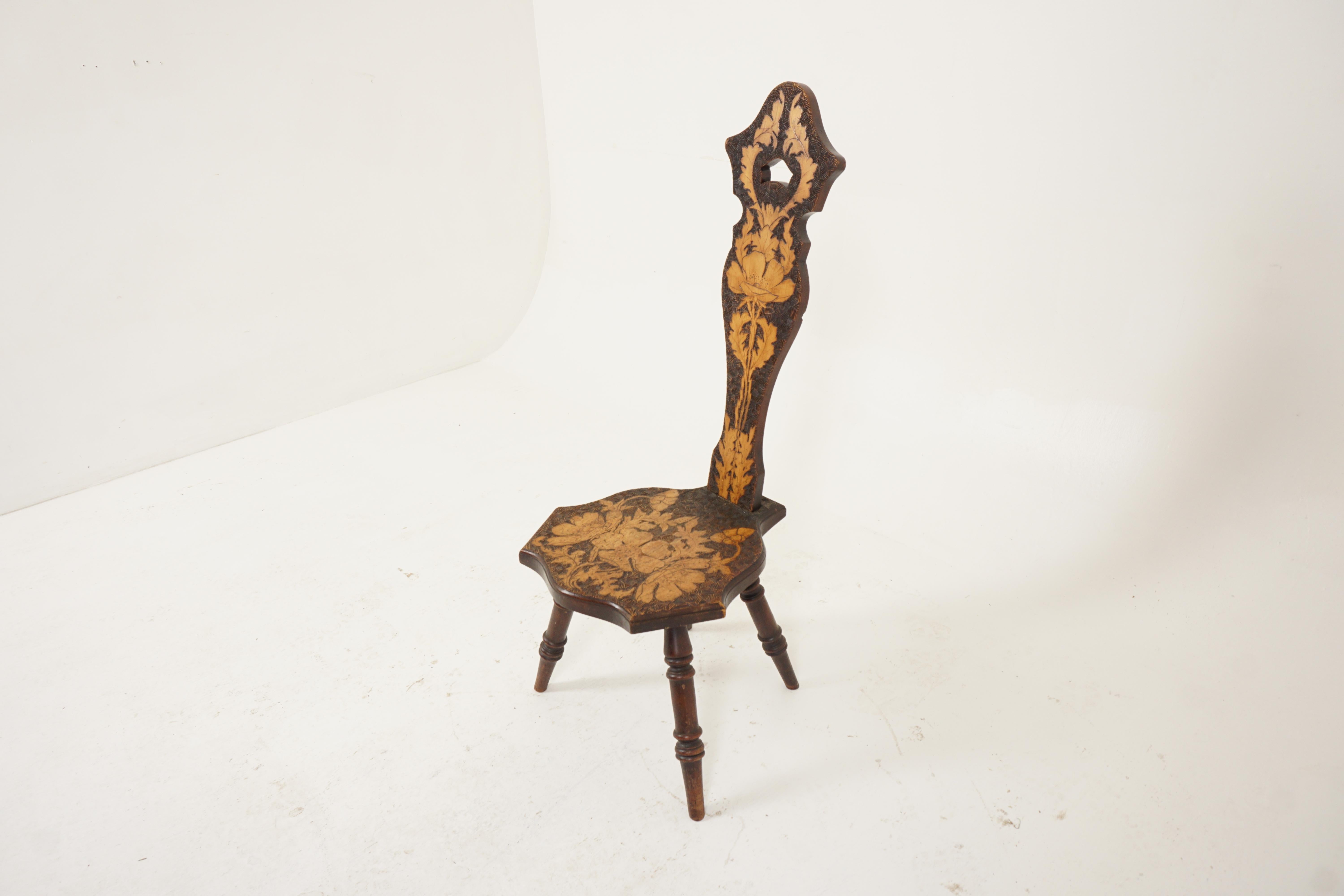 Antique Victorian carved spinning chair, Poker Work, Scotland 1880, H272

Scotland 1880
Beechwood
Original finish
High back with cut out near top
With floral design to the back and the shaped seat all standing on four turned legs
Very decorative and